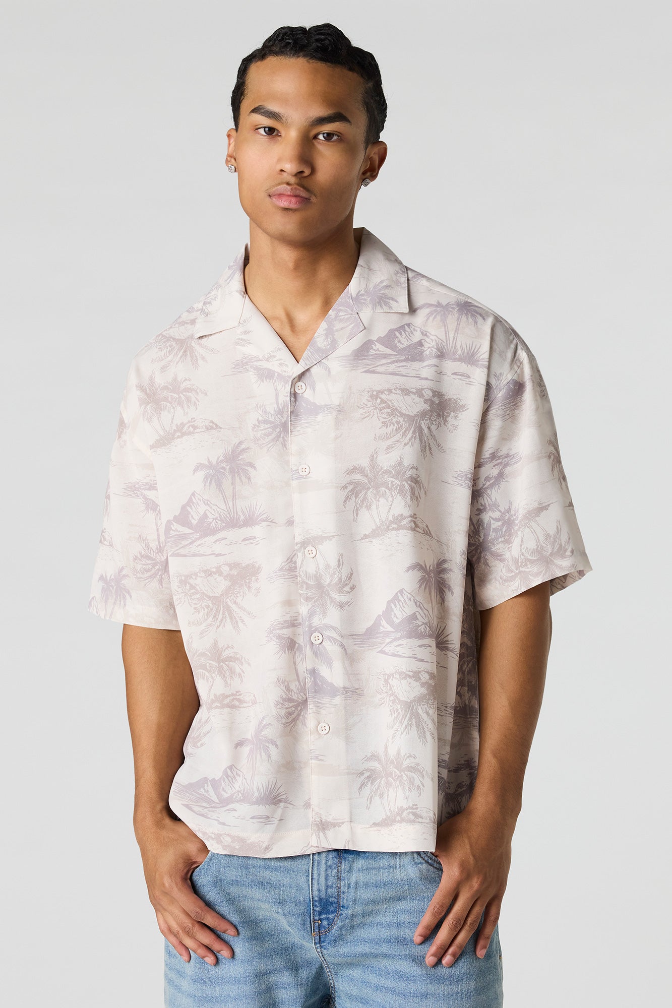 Flowy Printed Button-Up Collared Top