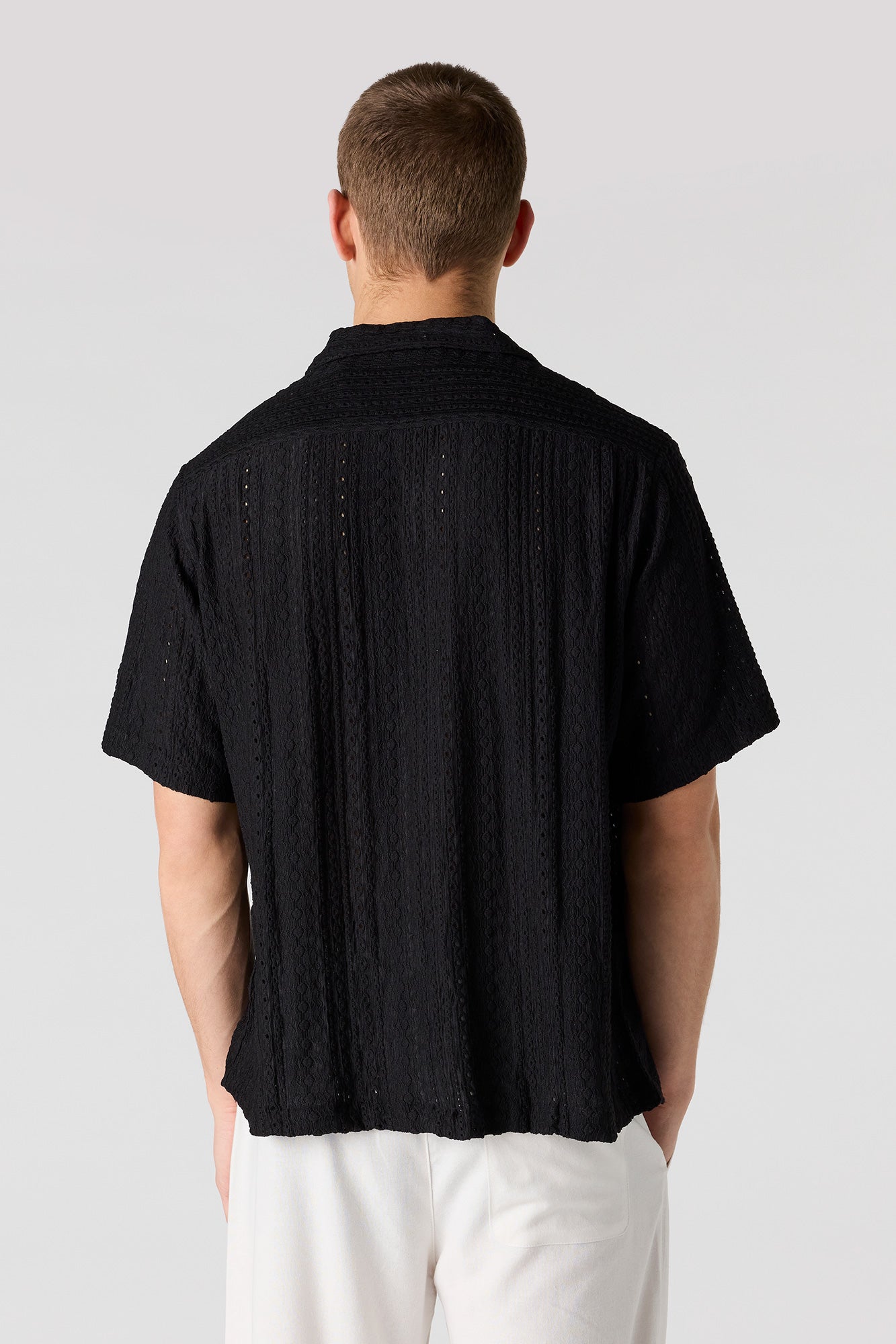 Textured Short Sleeve Button-Up Top