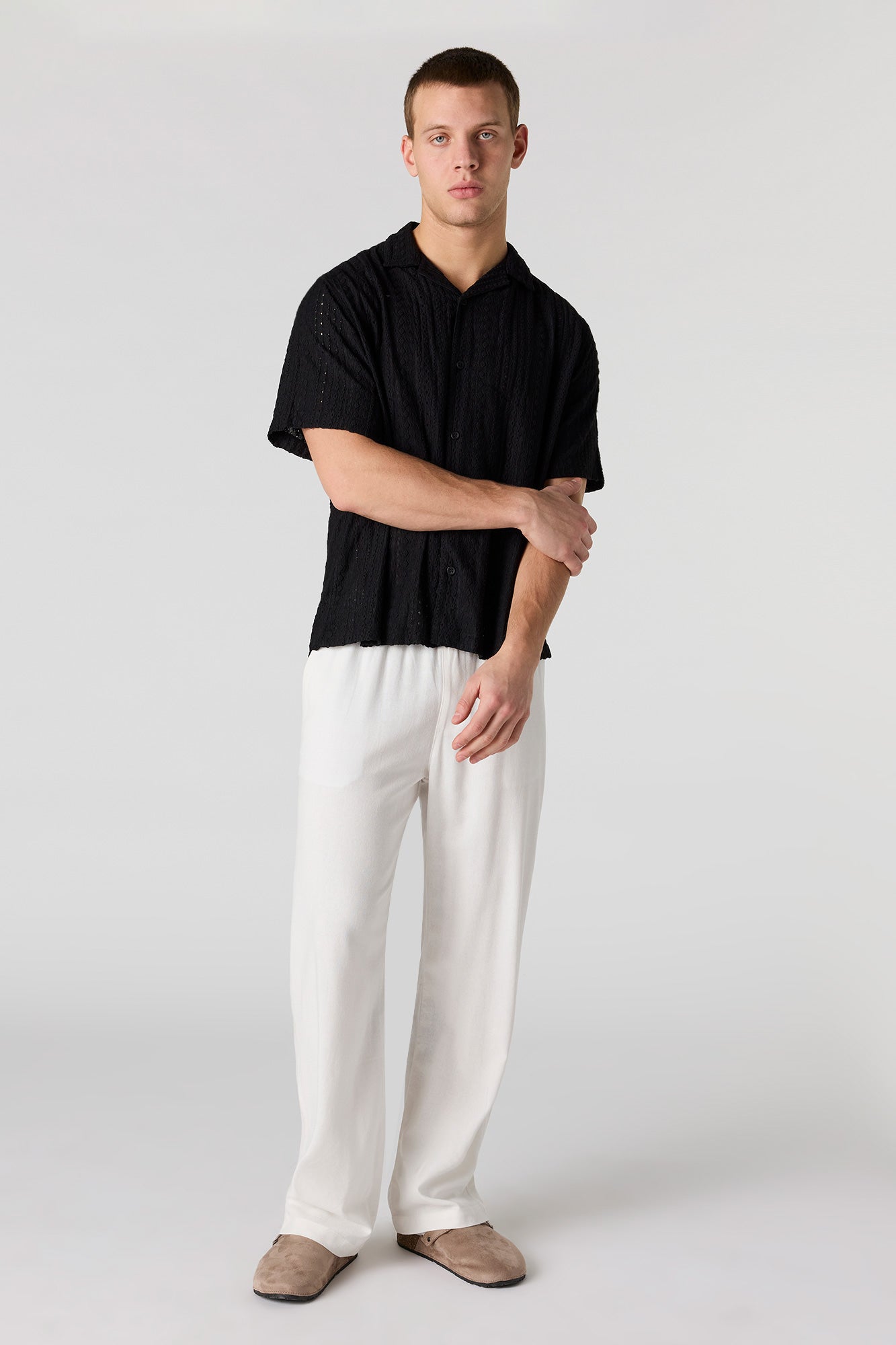 Textured Short Sleeve Button-Up Top