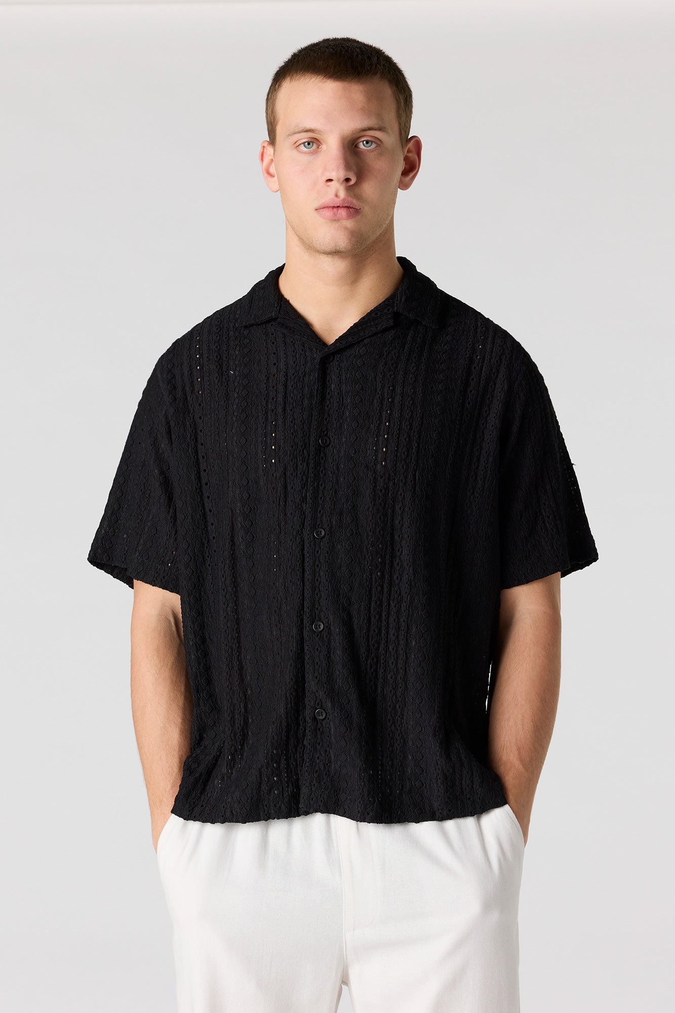 Textured Short Sleeve Button-Up Top