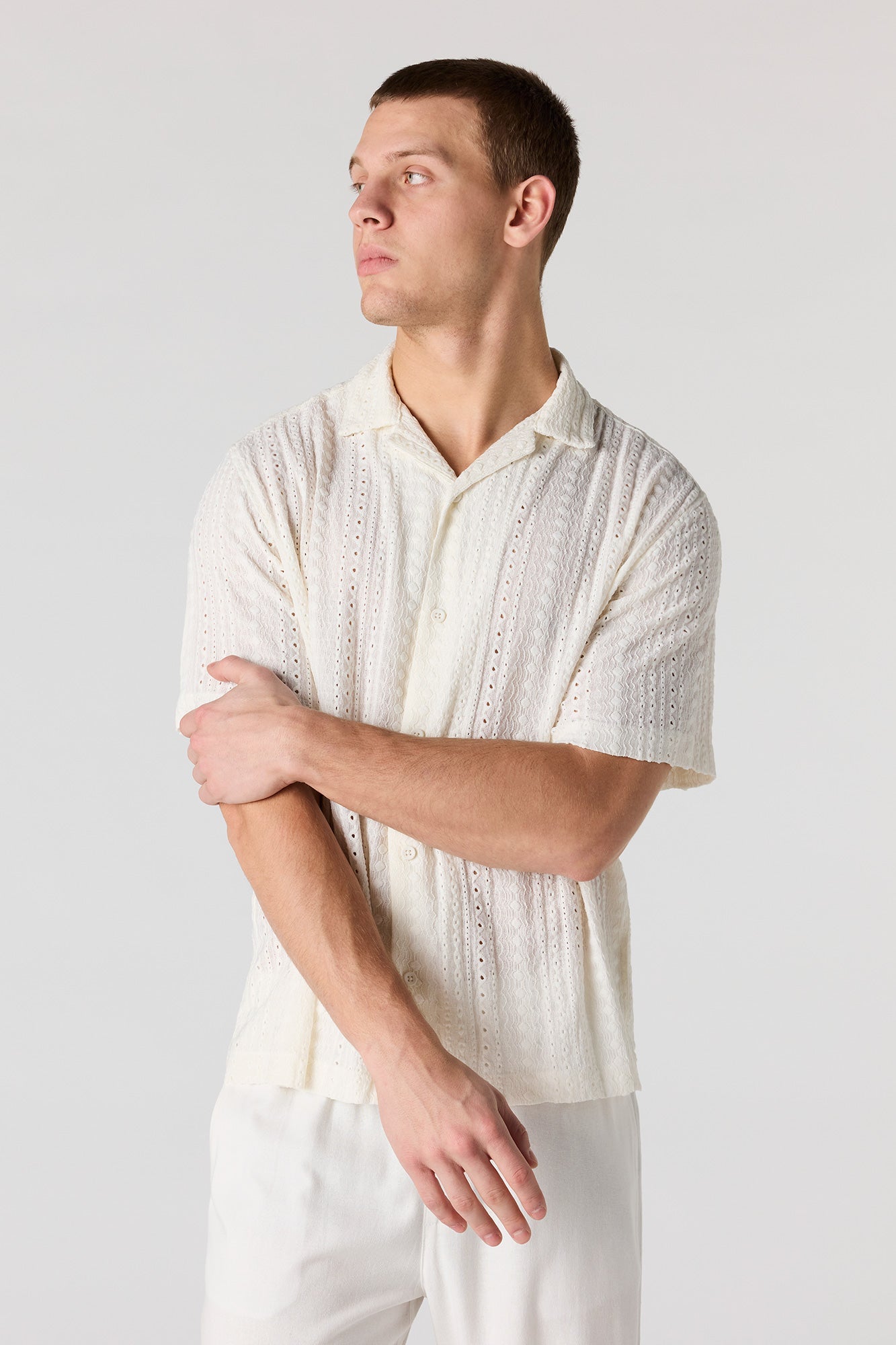 Textured Short Sleeve Button-Up Top