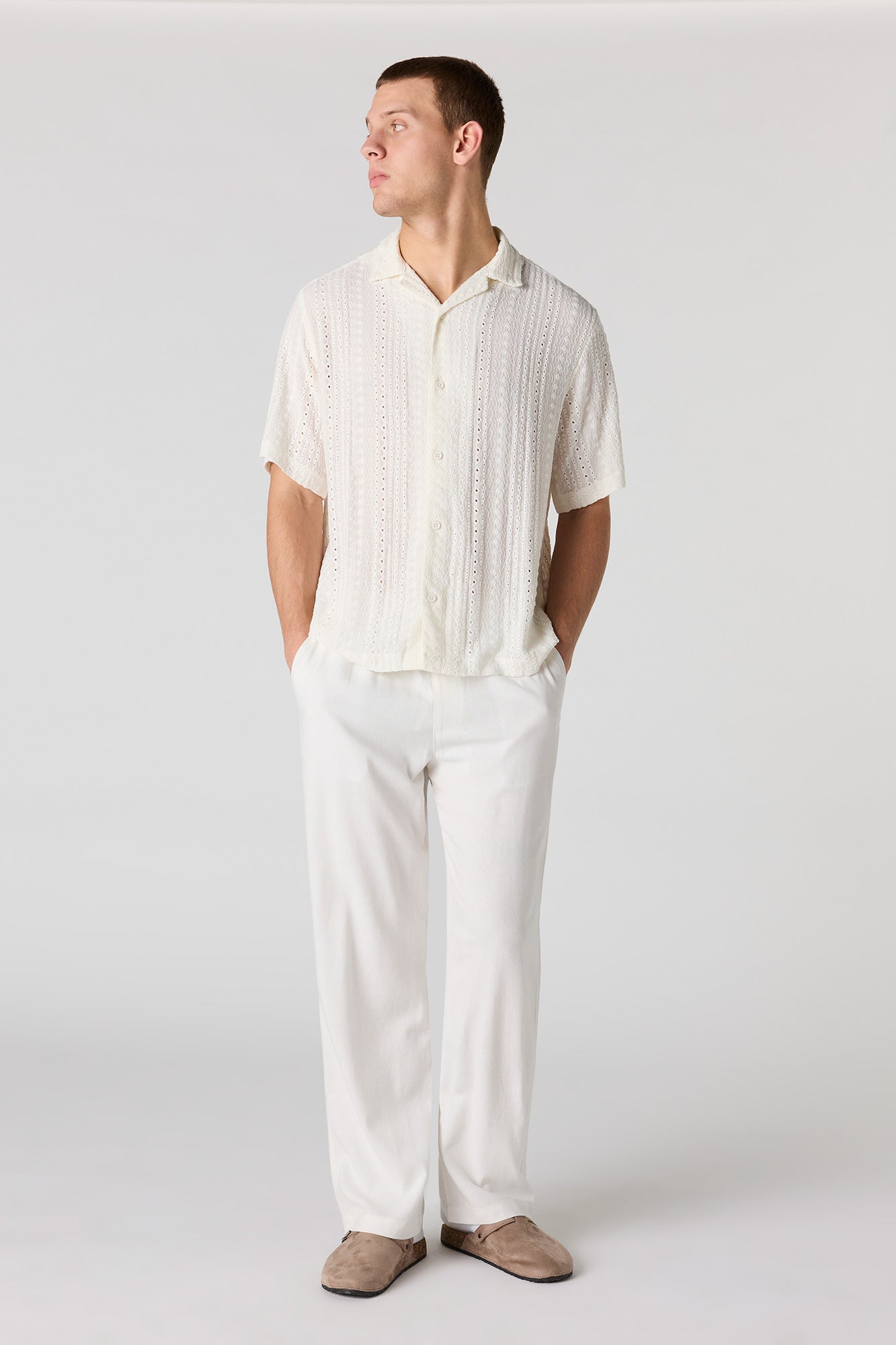 Textured Short Sleeve Button-Up Top