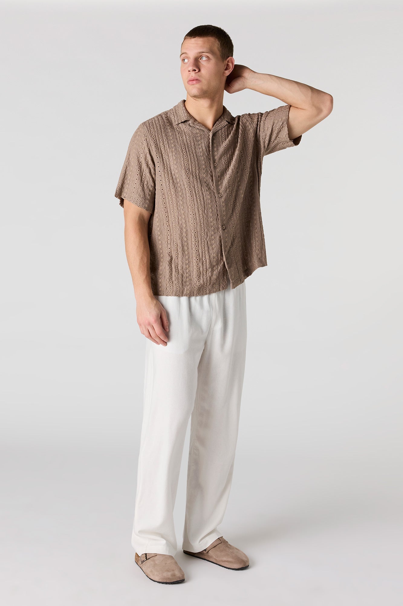 Textured Short Sleeve Button-Up Top