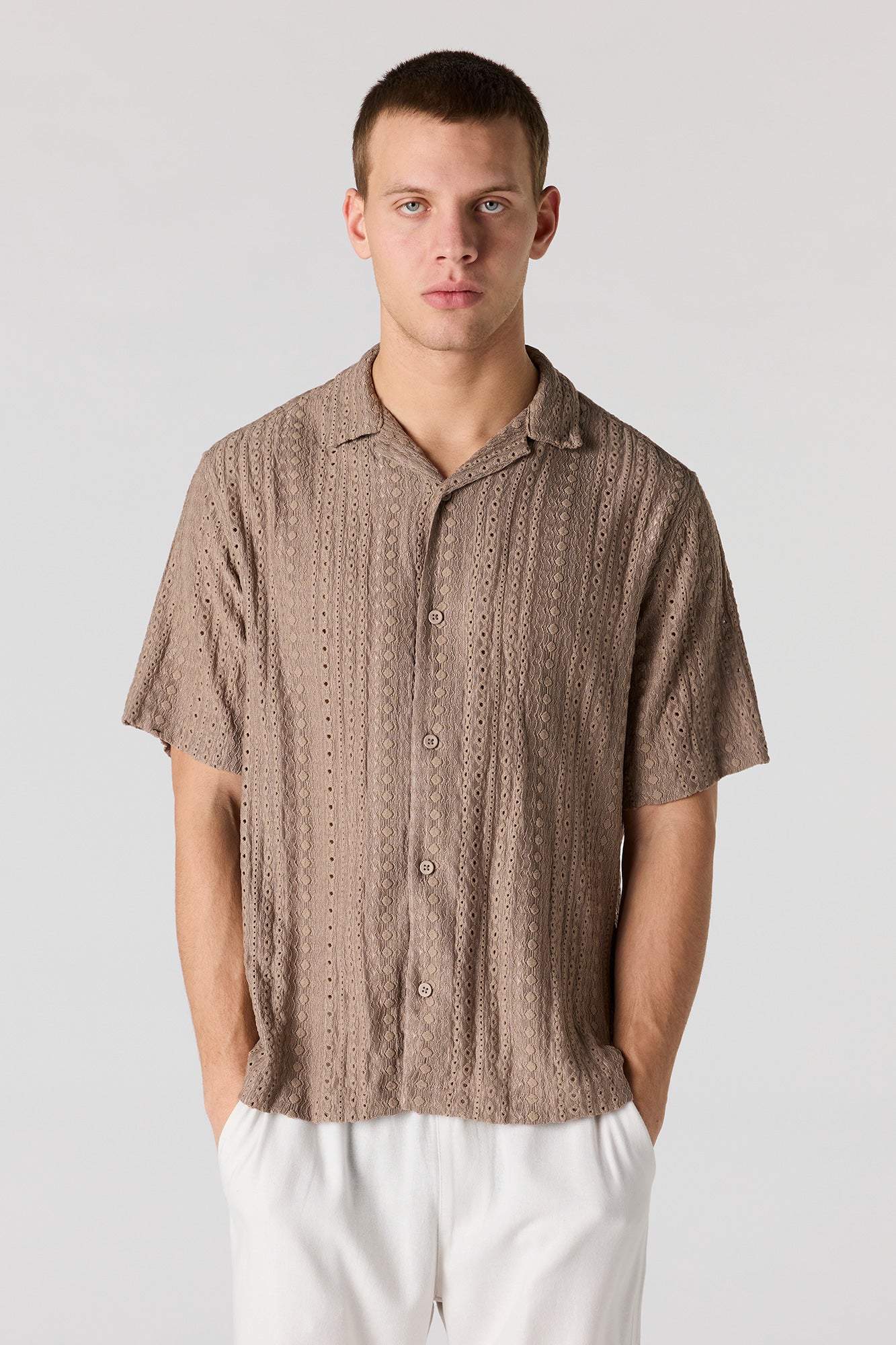 Textured Short Sleeve Button-Up Top