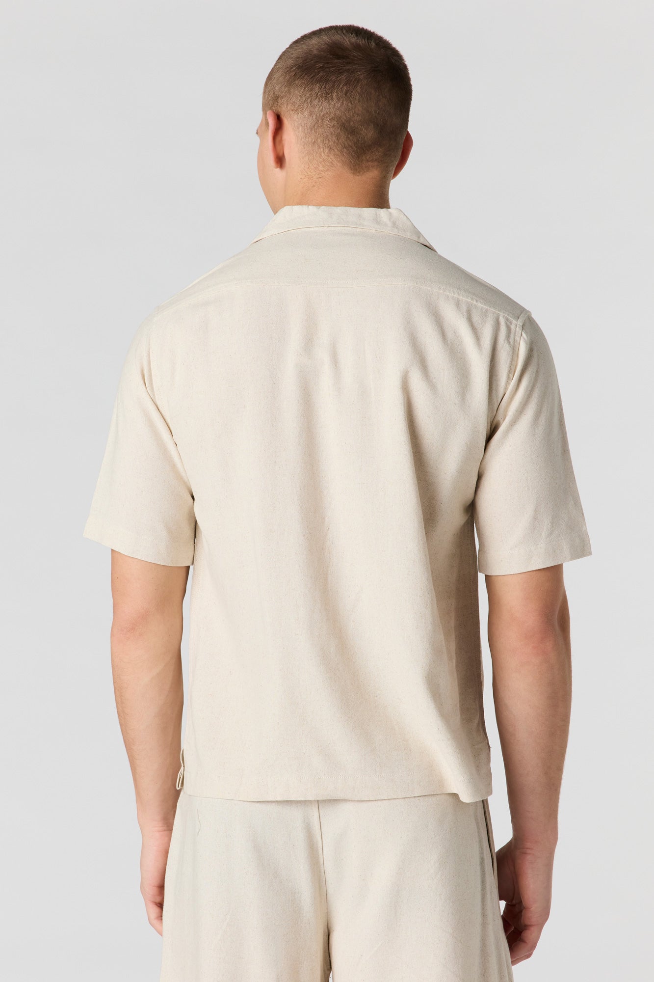 Linen-Blend Short Sleeve Button-Up Top