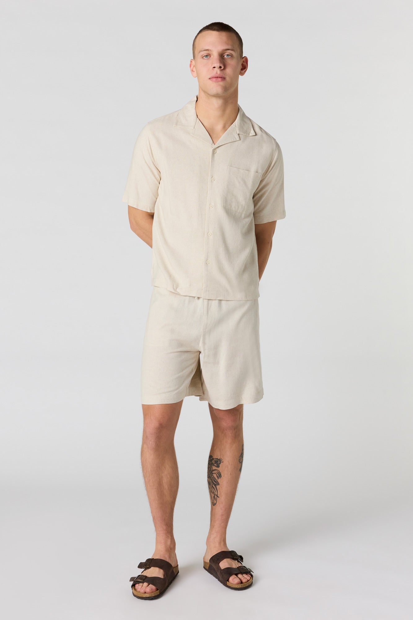Linen-Blend Short Sleeve Button-Up Top