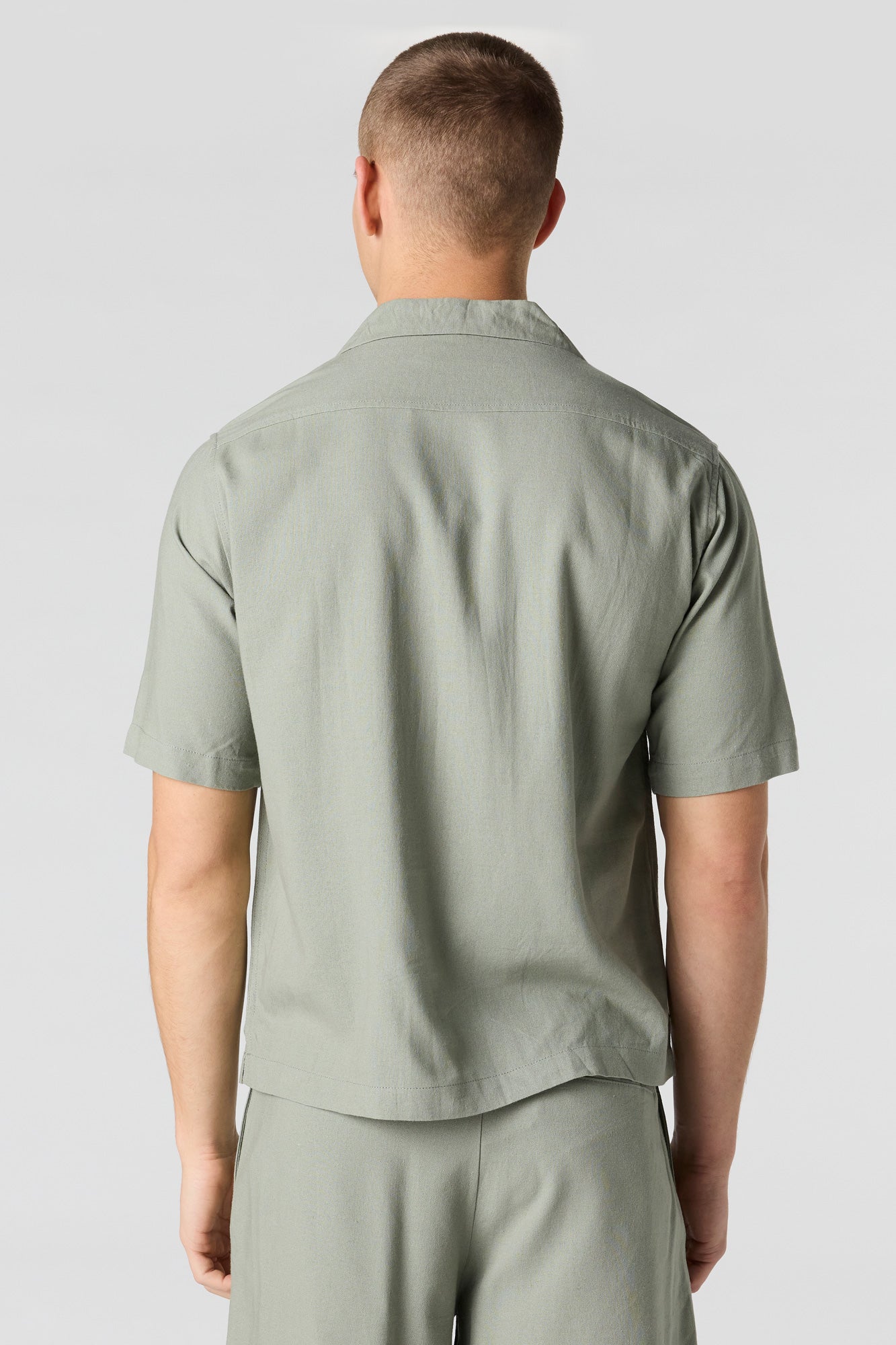 Linen-Blend Short Sleeve Button-Up Top