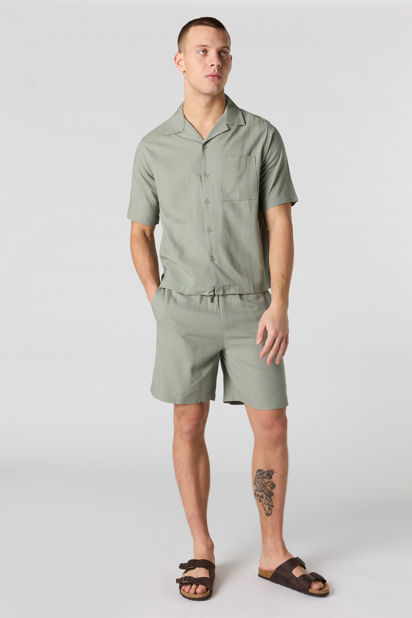 Linen-Blend Short Sleeve Button-Up Top