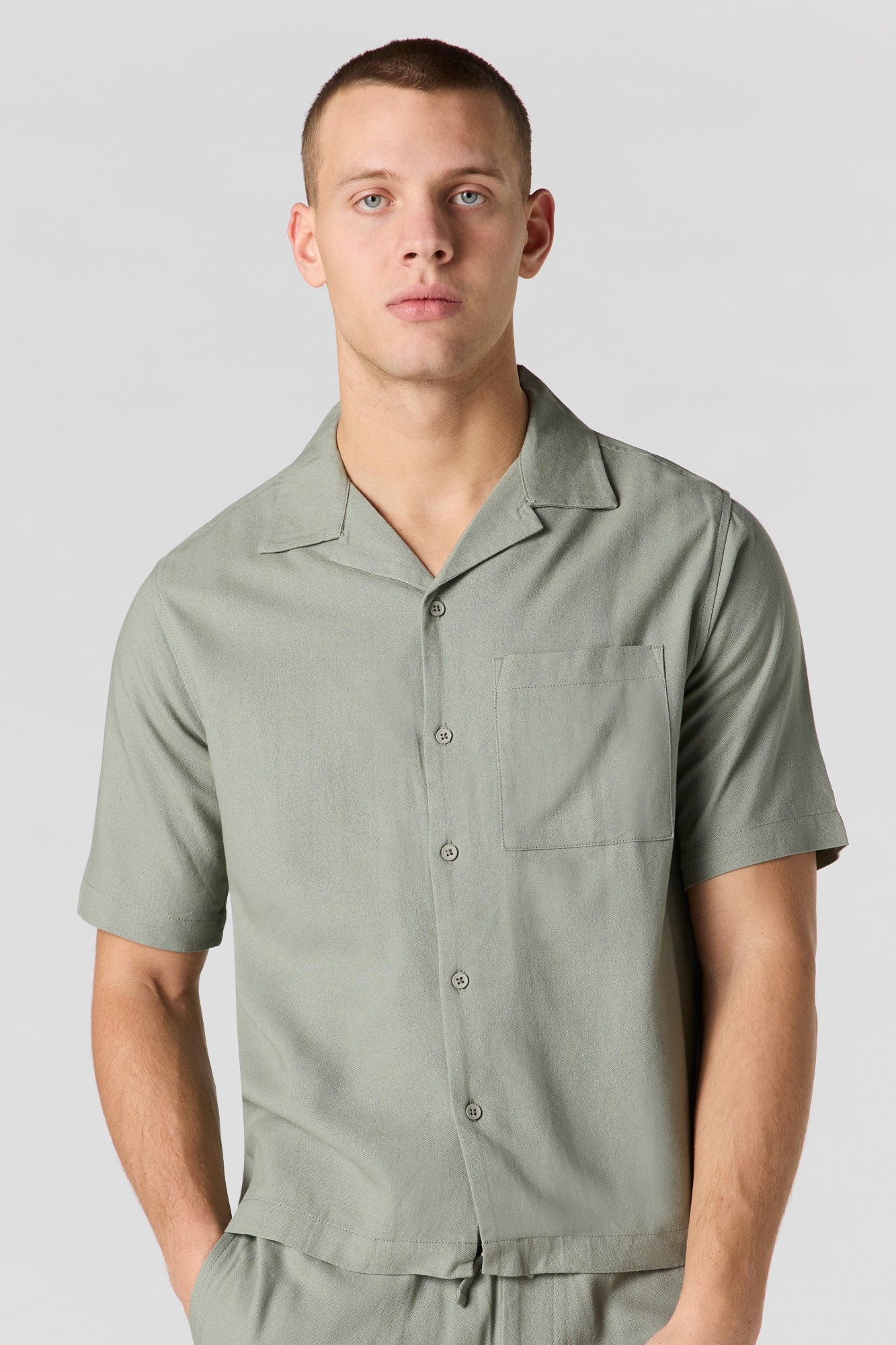 Linen-Blend Short Sleeve Button-Up Top
