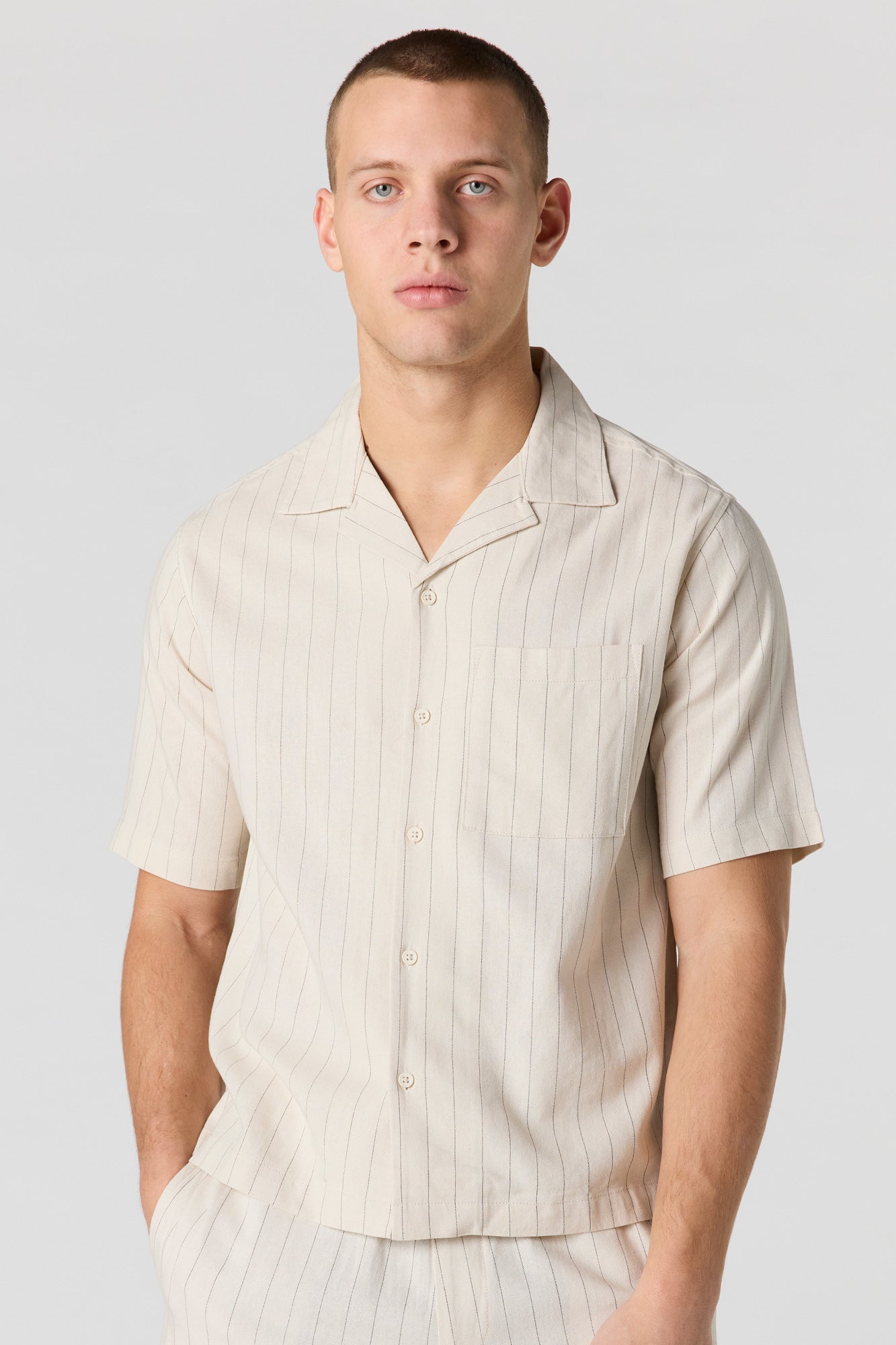 Linen-Blend Short Sleeve Button-Up Top