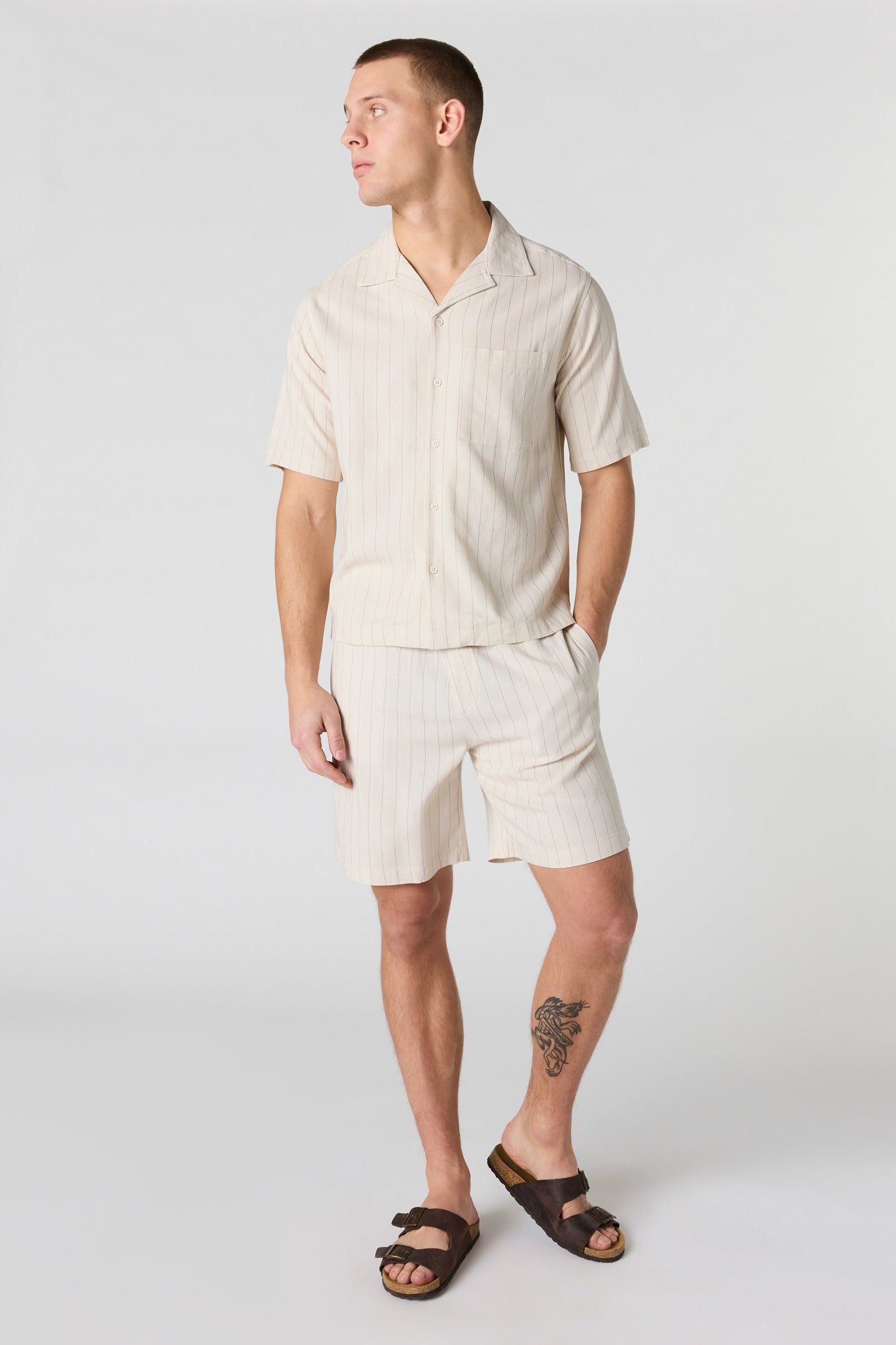 Linen-Blend Short Sleeve Button-Up Top