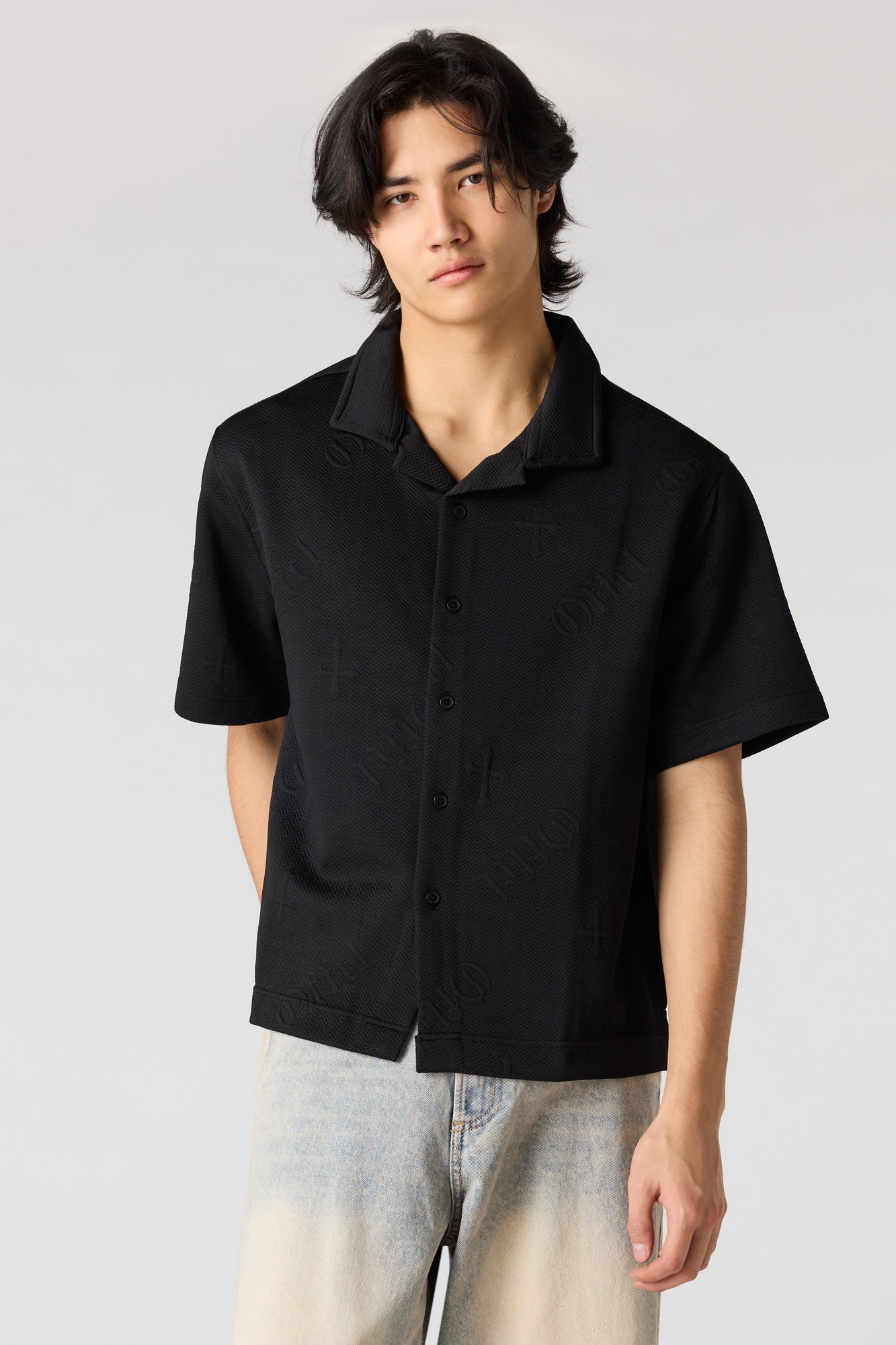 Cross Textured Button-Up Top