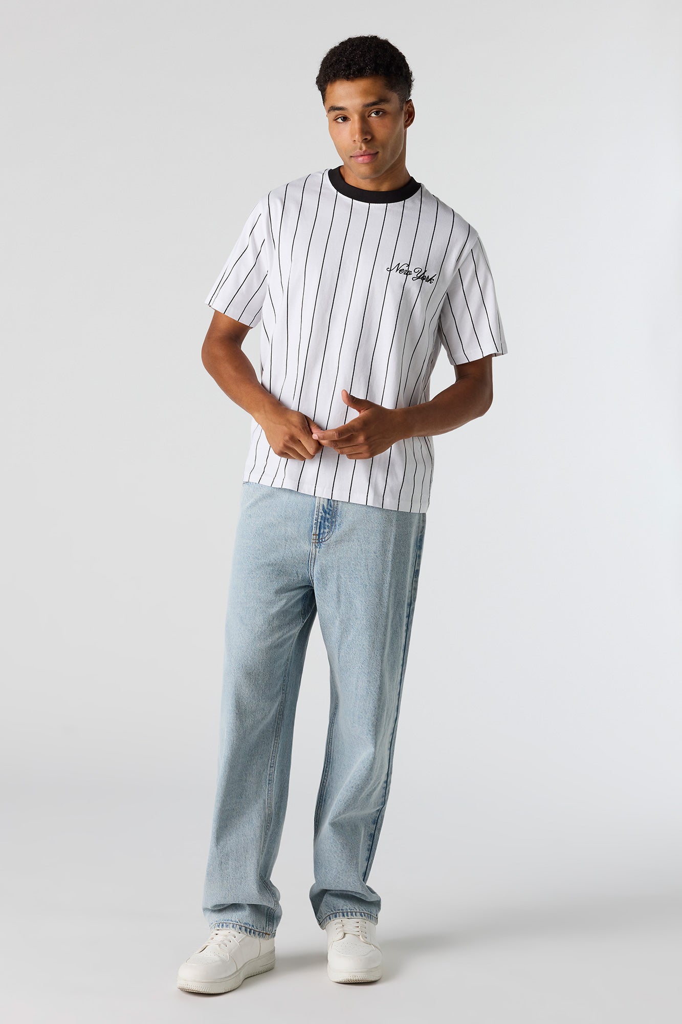 New York Embroidered Pinstriped T-Shirt