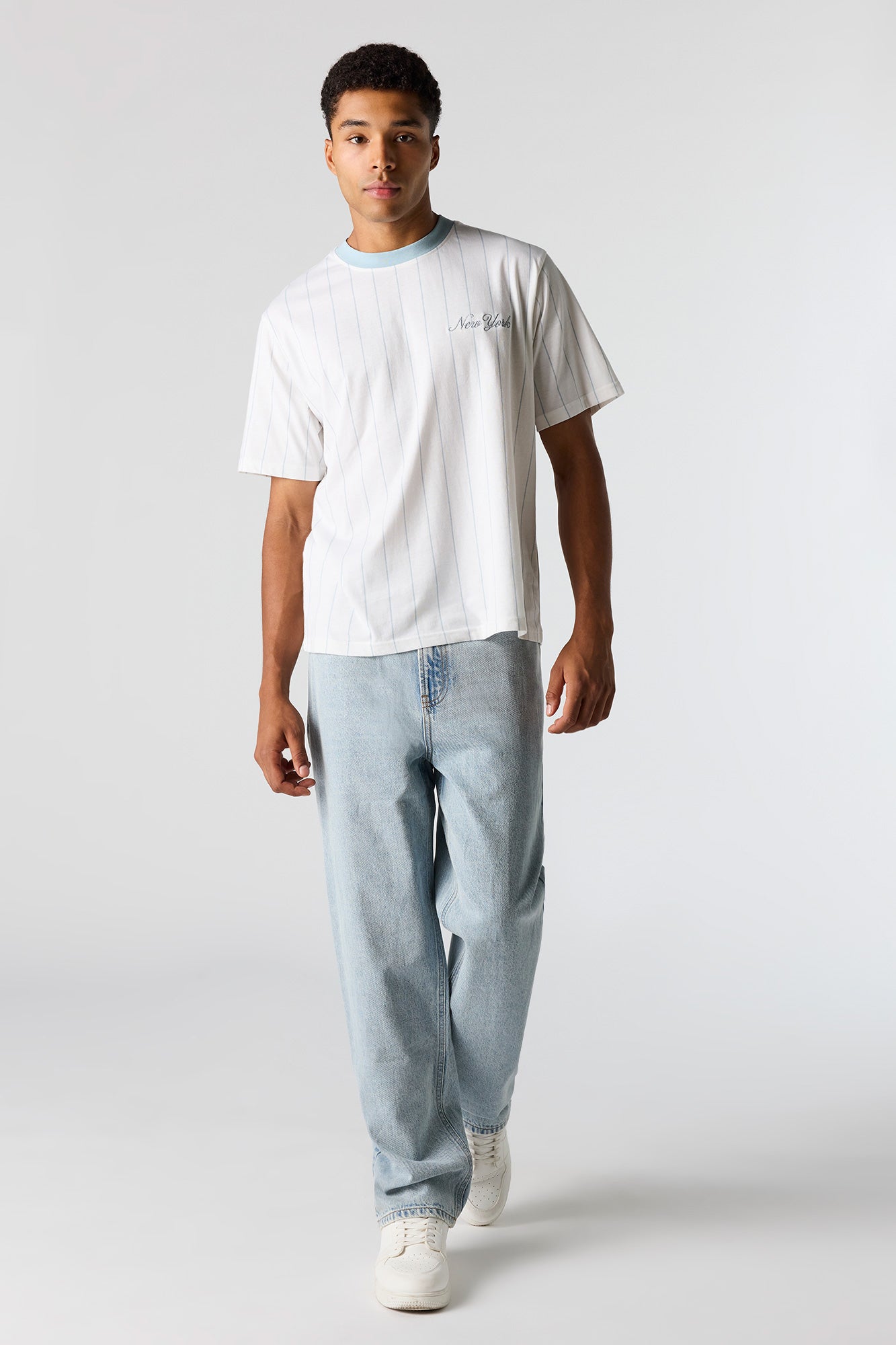 New York Embroidered Pinstriped T-Shirt