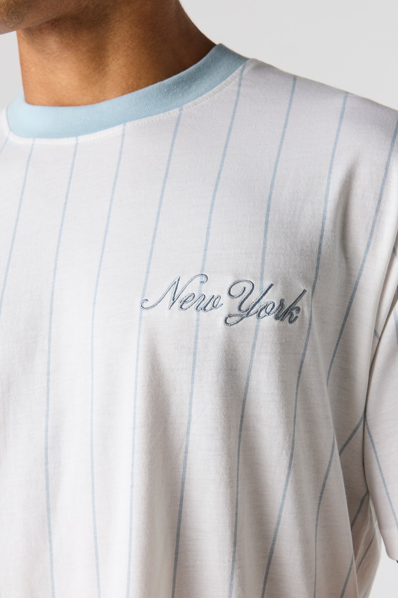 New York Embroidered Pinstriped T-Shirt