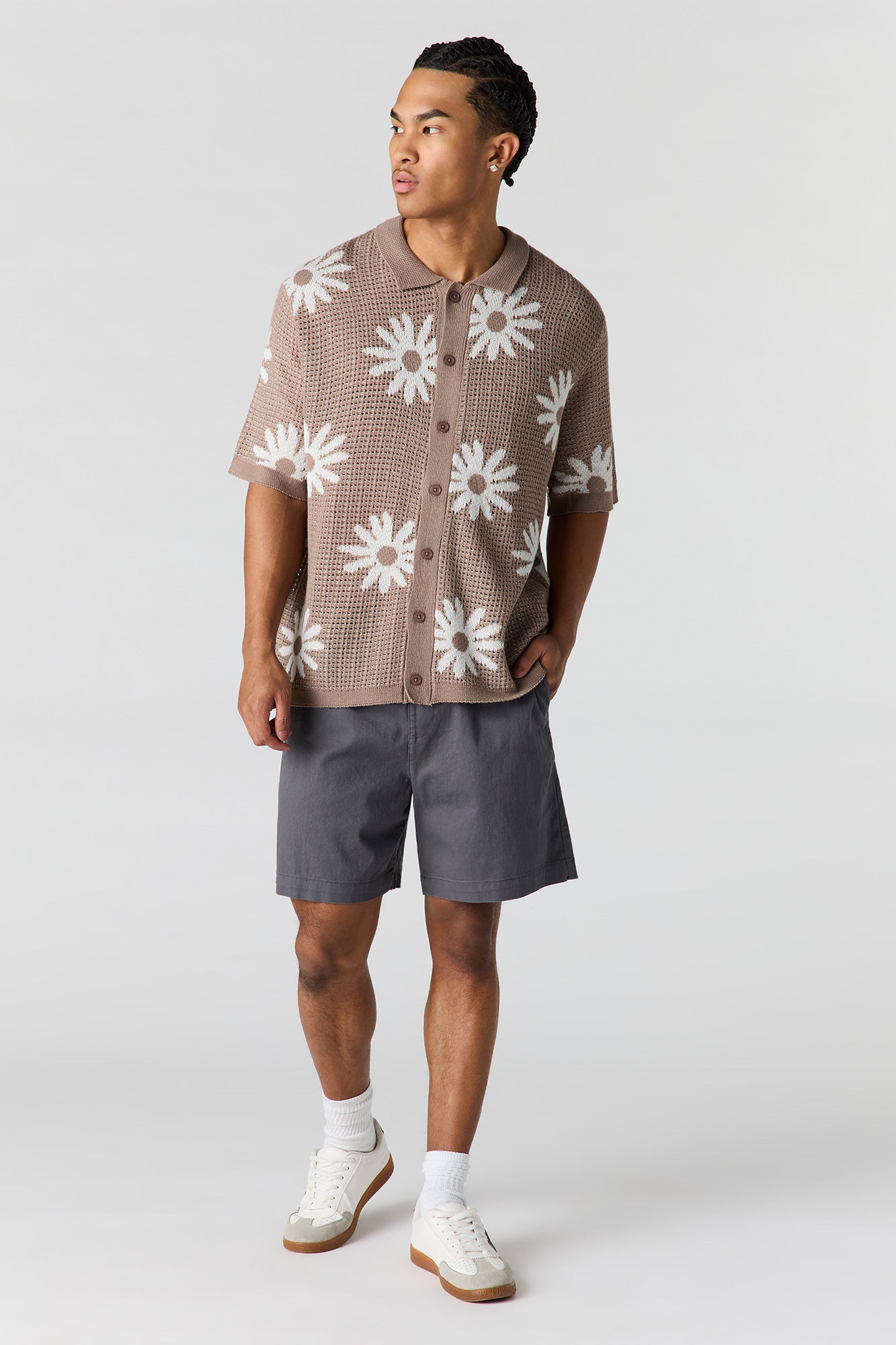 Floral Jacquard Knit Button-Up Top