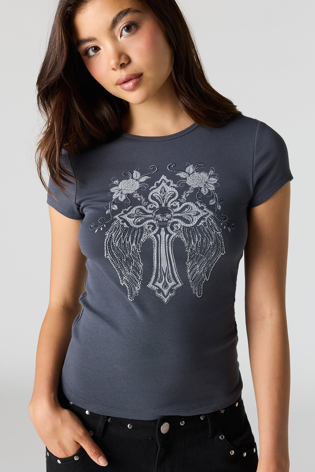 Rhinestone Graphic Fitted T-Shirt