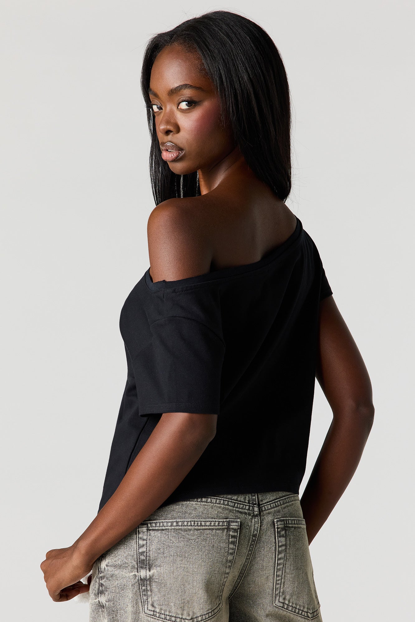 Off Shoulder Rhinestone Patch Top