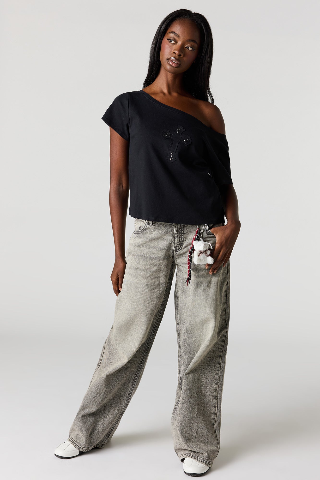 Off Shoulder Rhinestone Patch Top