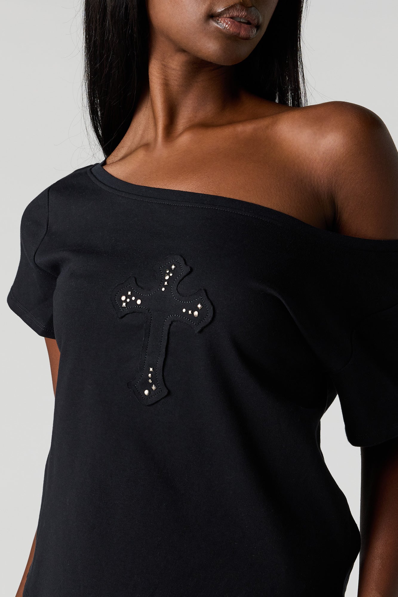 Off Shoulder Rhinestone Patch Top