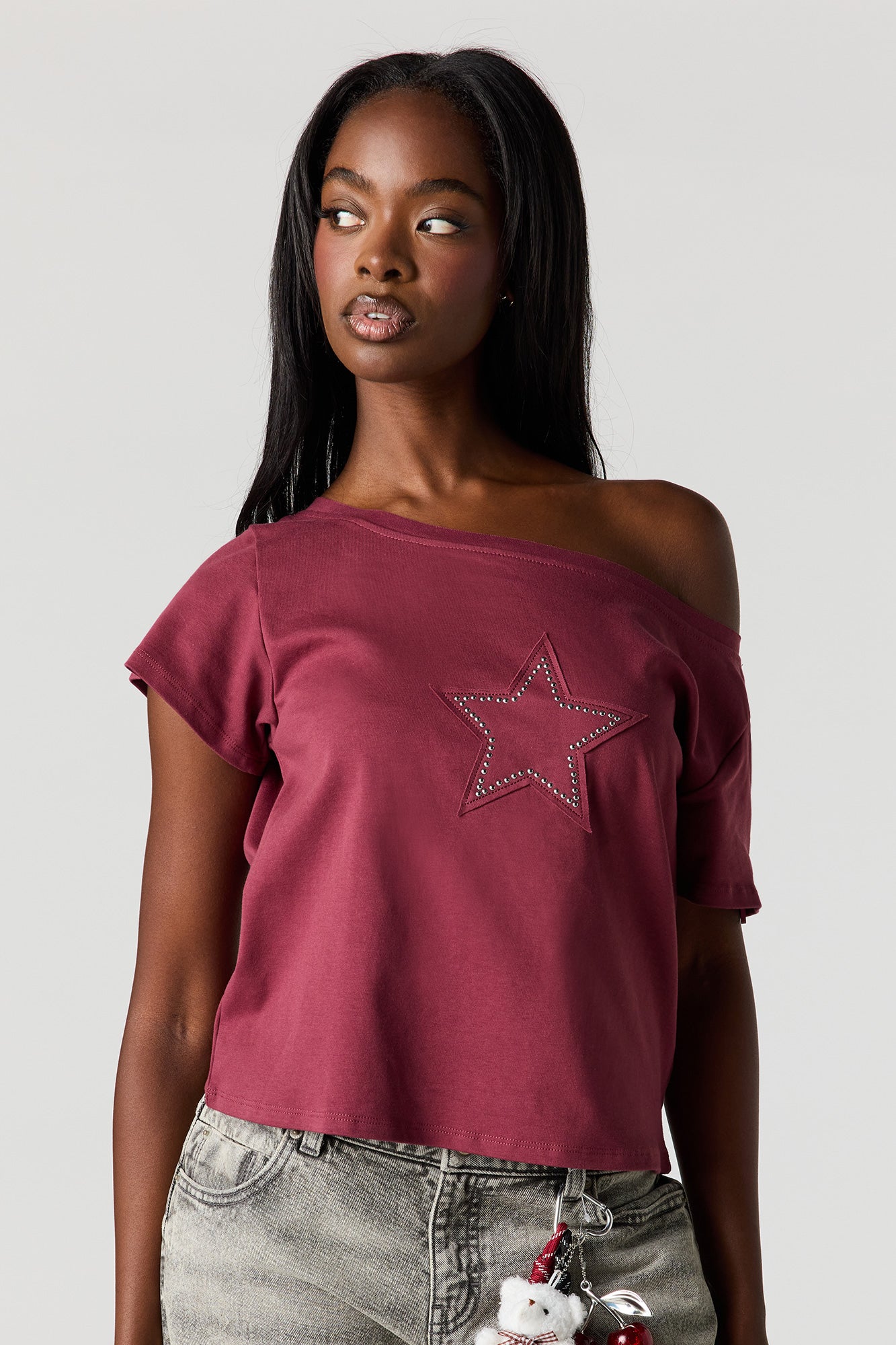 Off Shoulder Rhinestone Patch Top