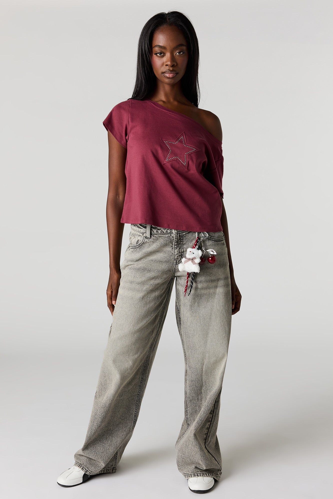 Off Shoulder Rhinestone Patch Top