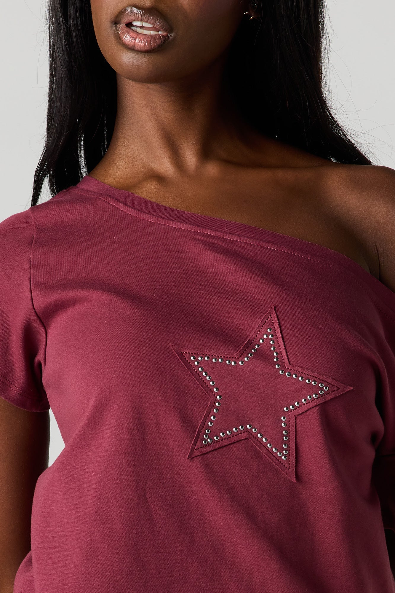 Off Shoulder Rhinestone Patch Top