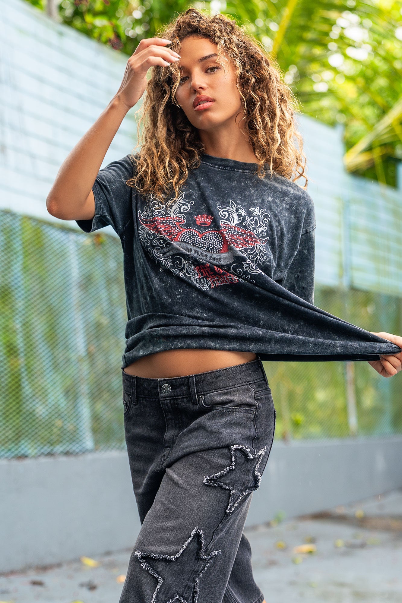 Rhinestone Graphic Washed Boyfriend T-Shirt