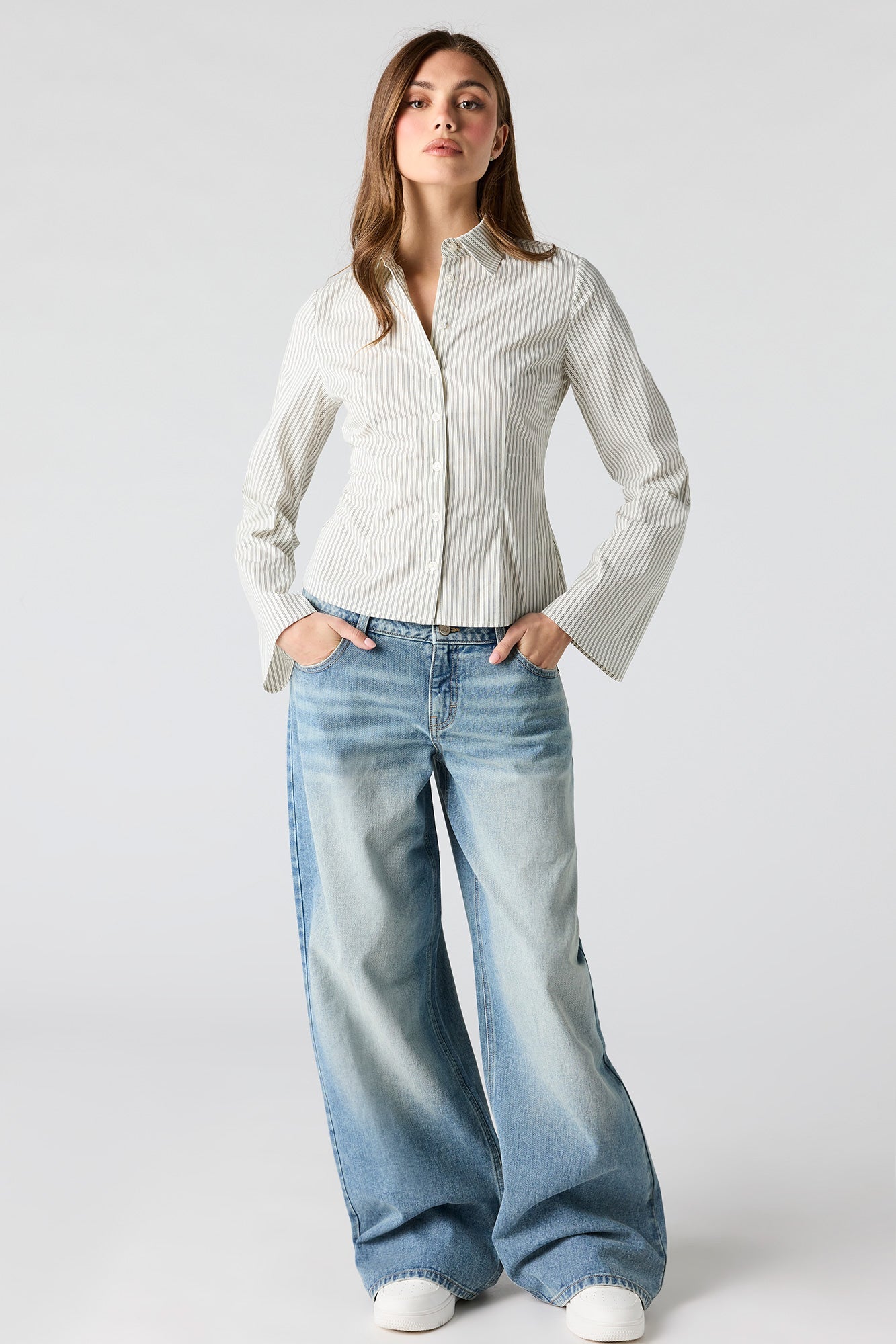 Long Bell Sleeve Button-Up Top