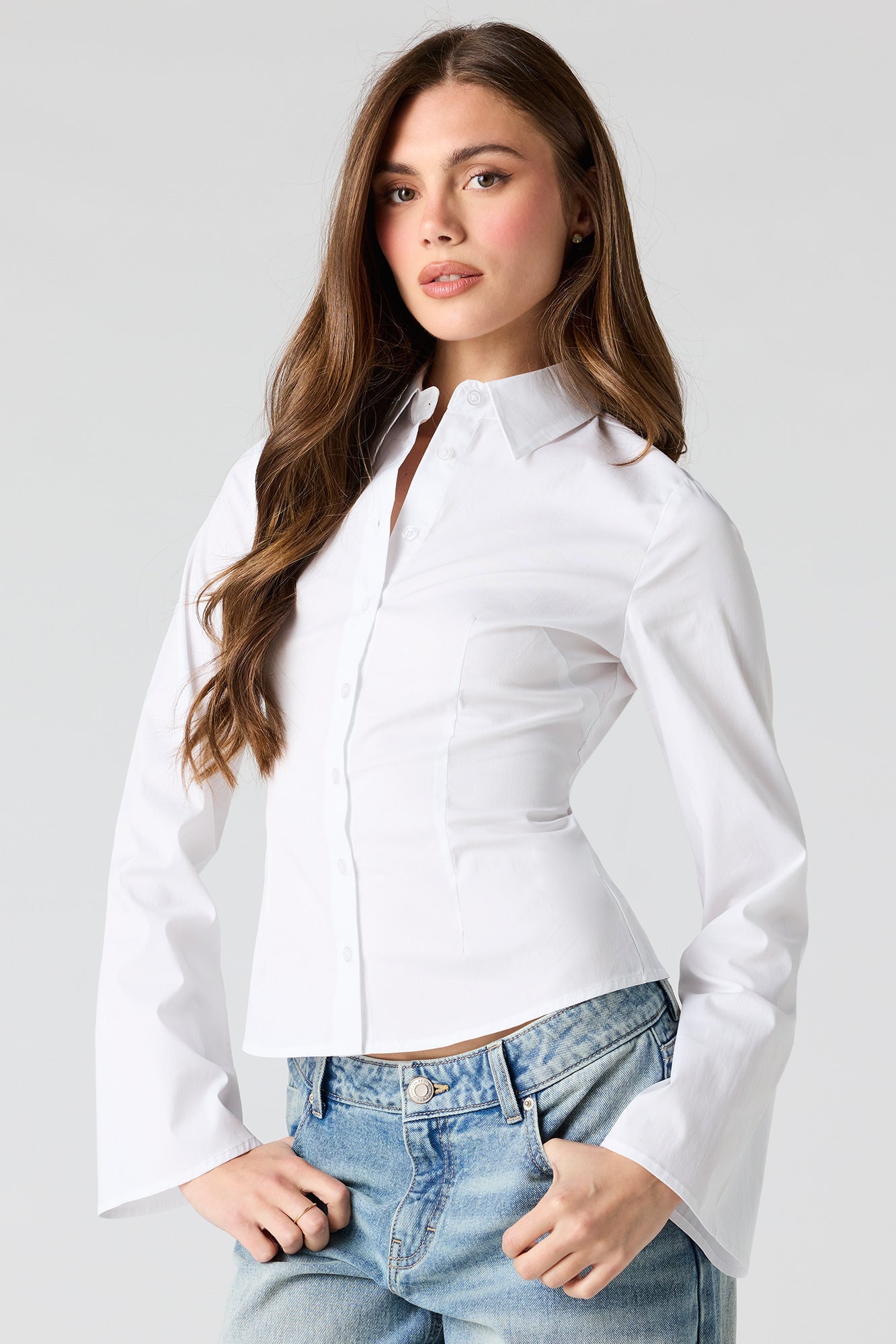 Long Bell Sleeve Button-Up Top