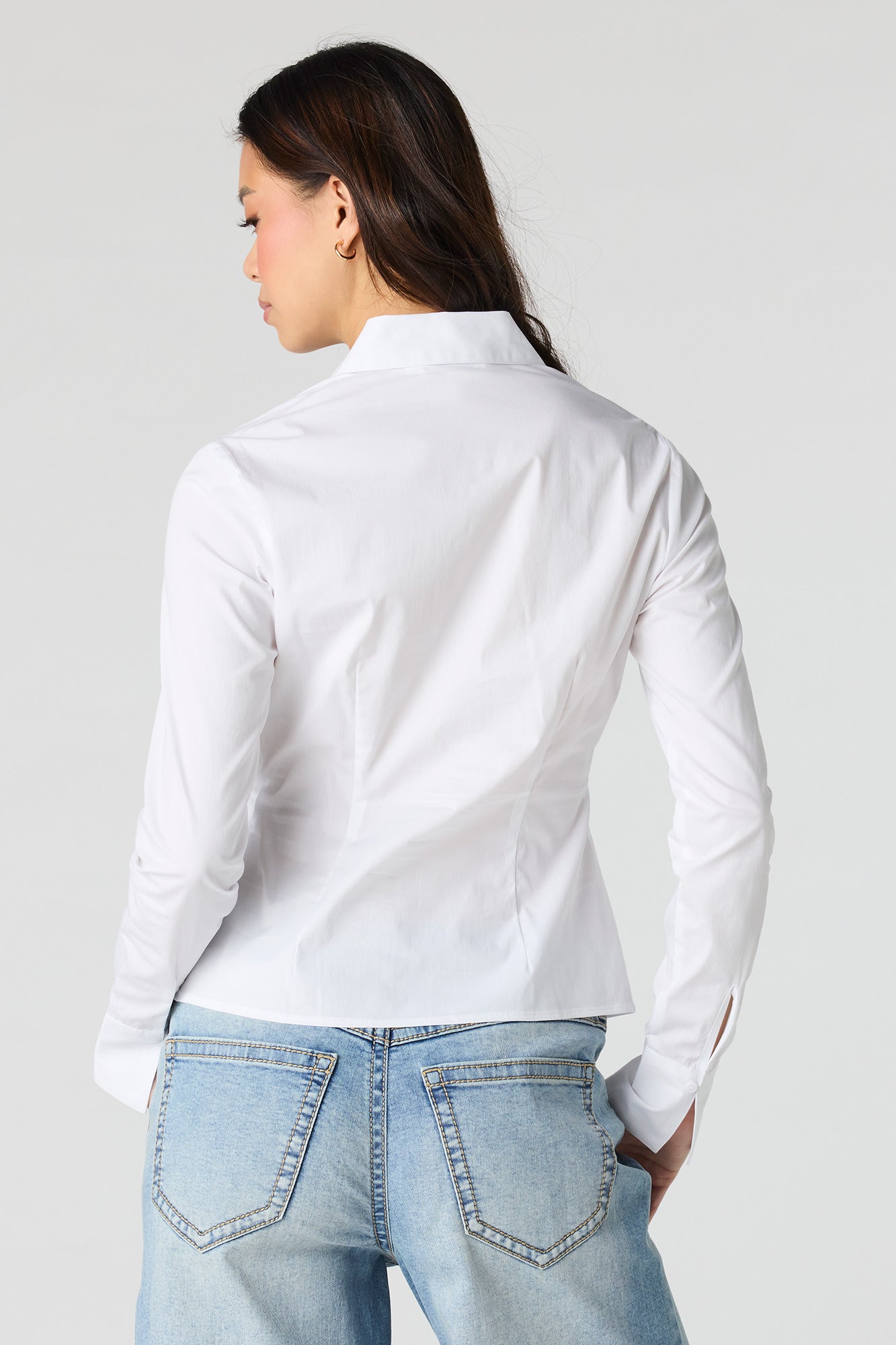 Collared Long Sleeve Slim Button-Up Top