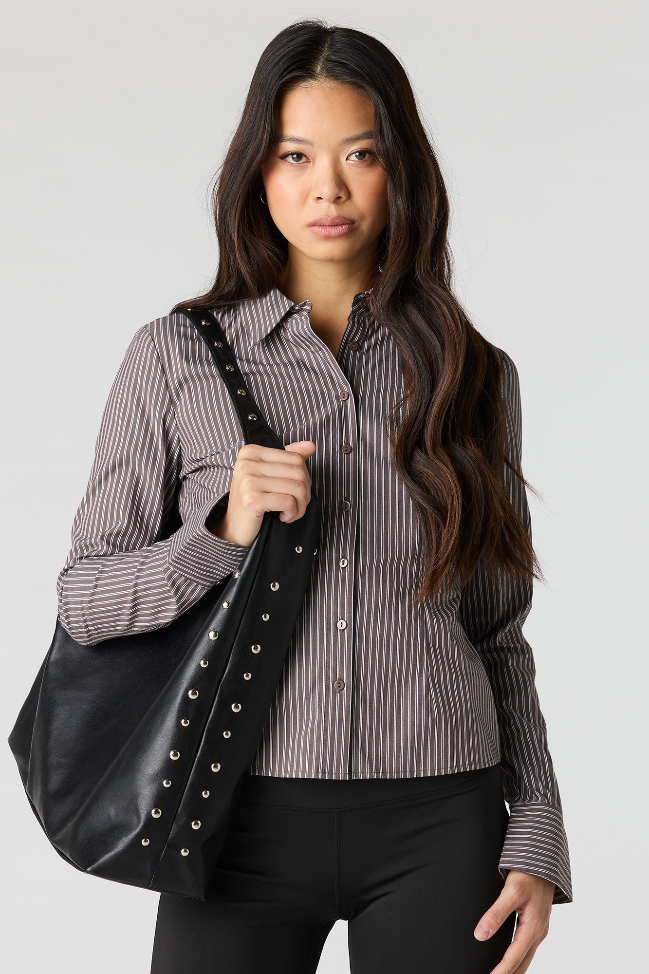 Collared Long Sleeve Slim Button-Up Top