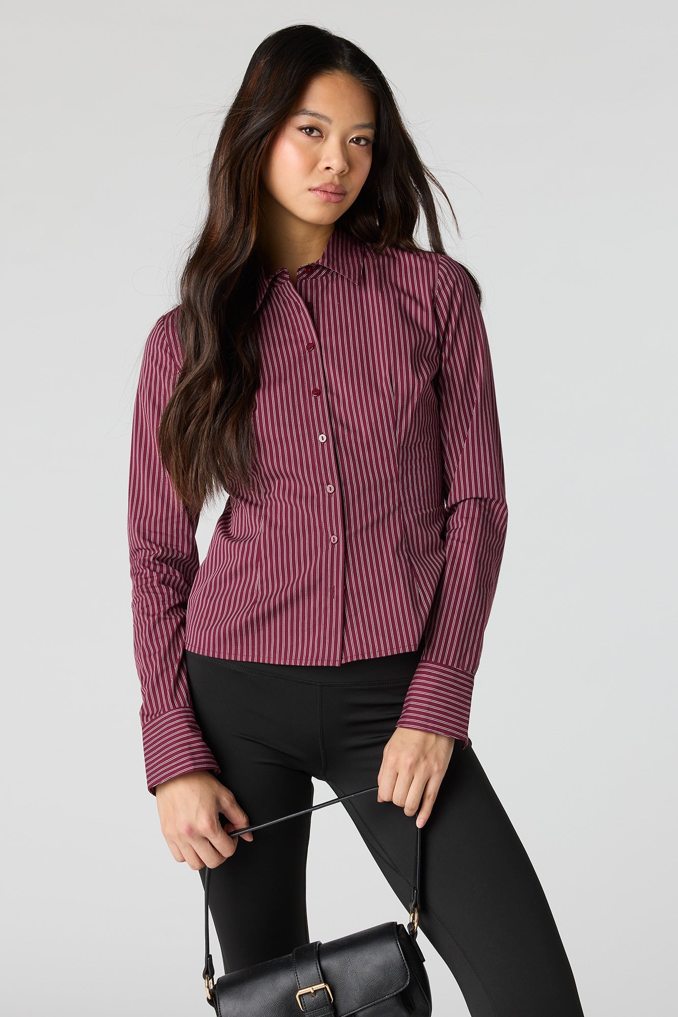 Collared Long Sleeve Slim Button-Up Top