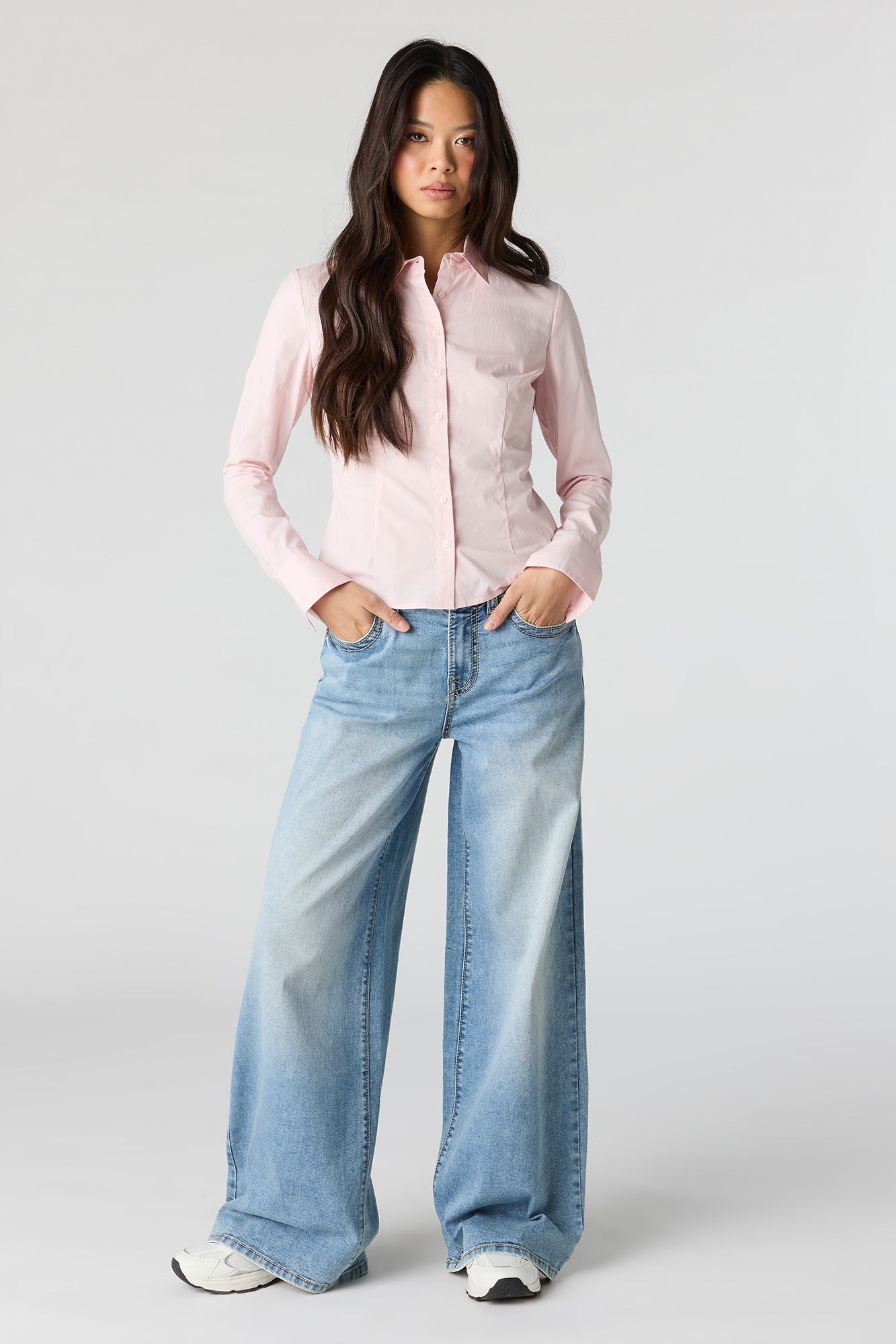 Collared Long Sleeve Slim Button-Up Top