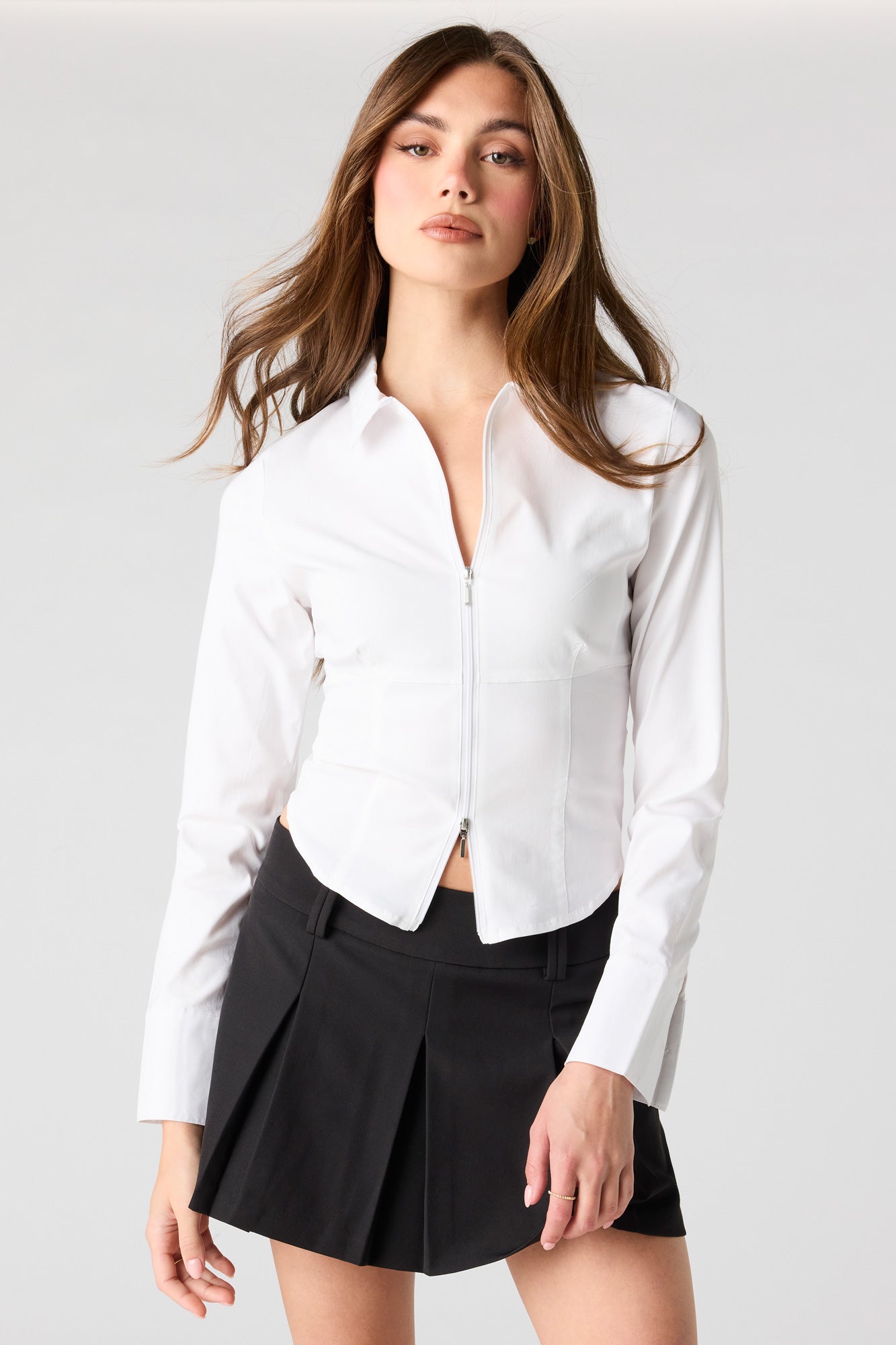 2-Way Zip-Up Long Sleeve Collared Top