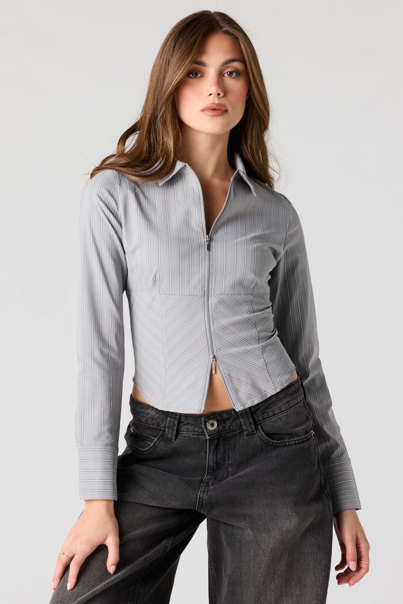 2-Way Zip-Up Long Sleeve Collared Top