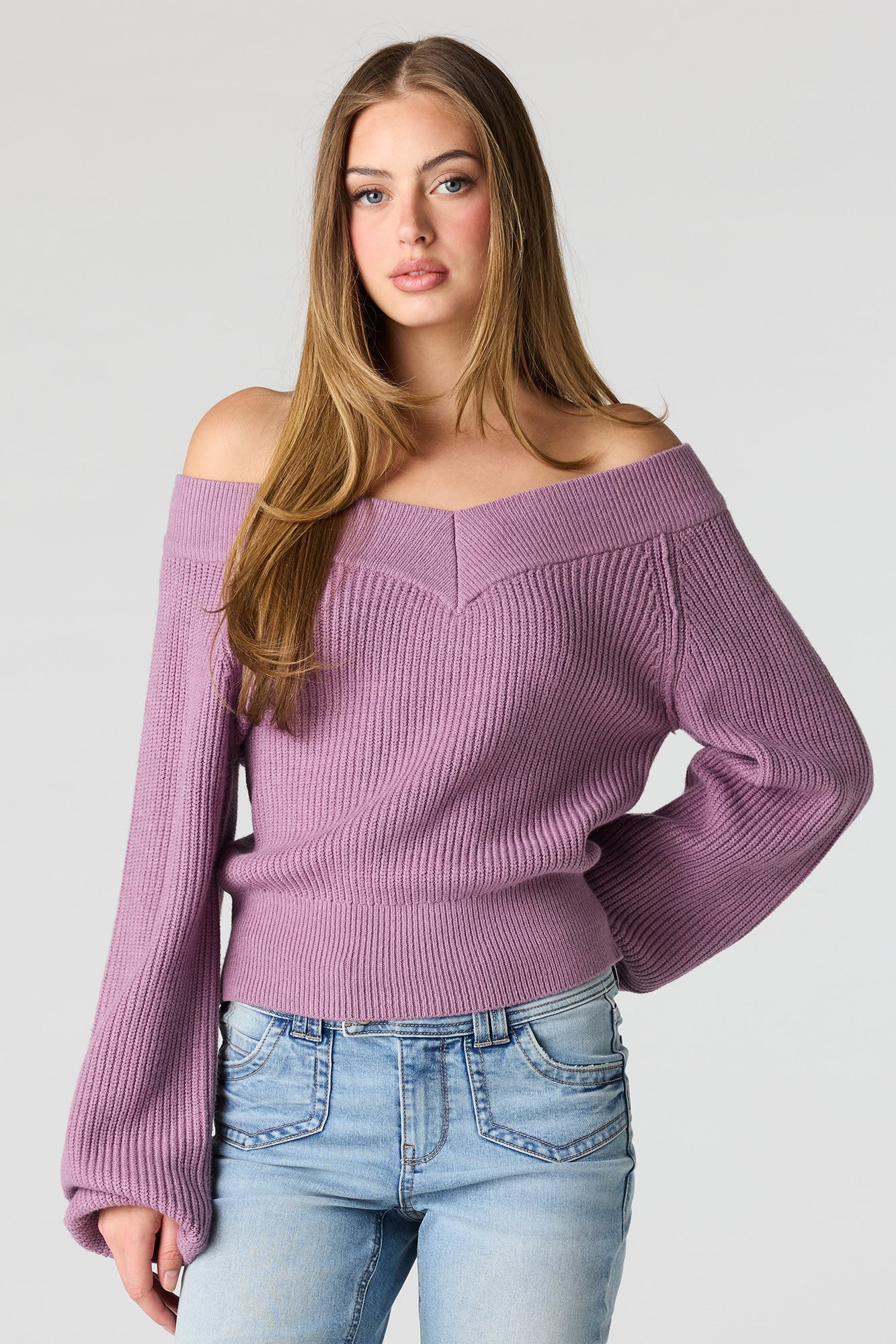 V-Neck Off Shoulder Sweater