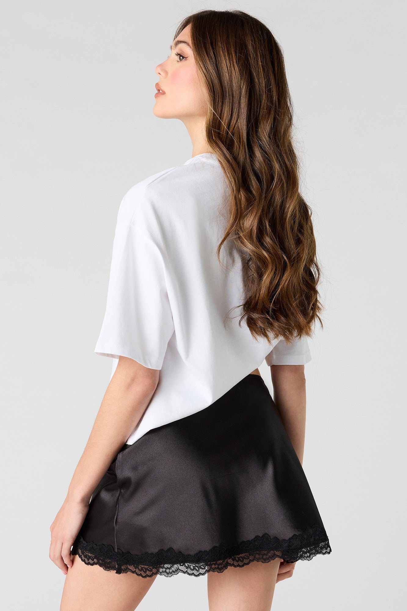Satin Lace Trim Mini Skirt