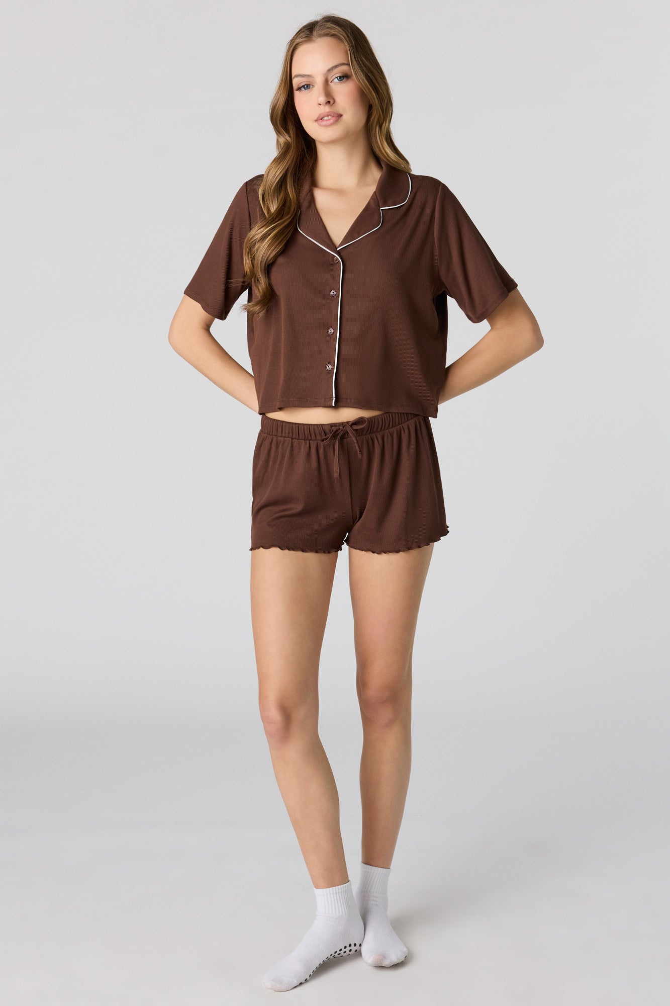 Soft Ribbed Button-Up Top & Short Pajama Set