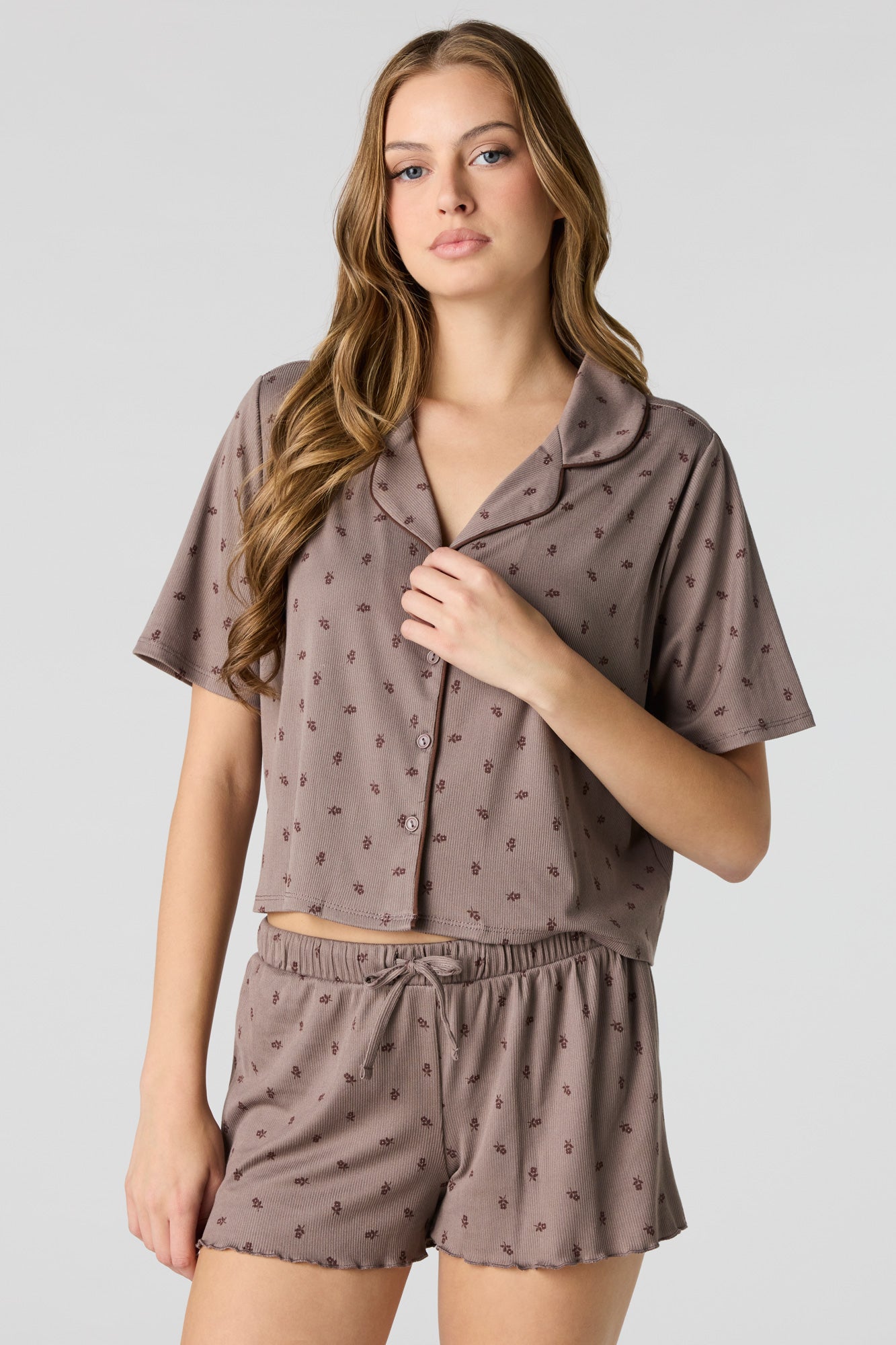 Soft Ribbed Button-Up Top & Short Pajama Set