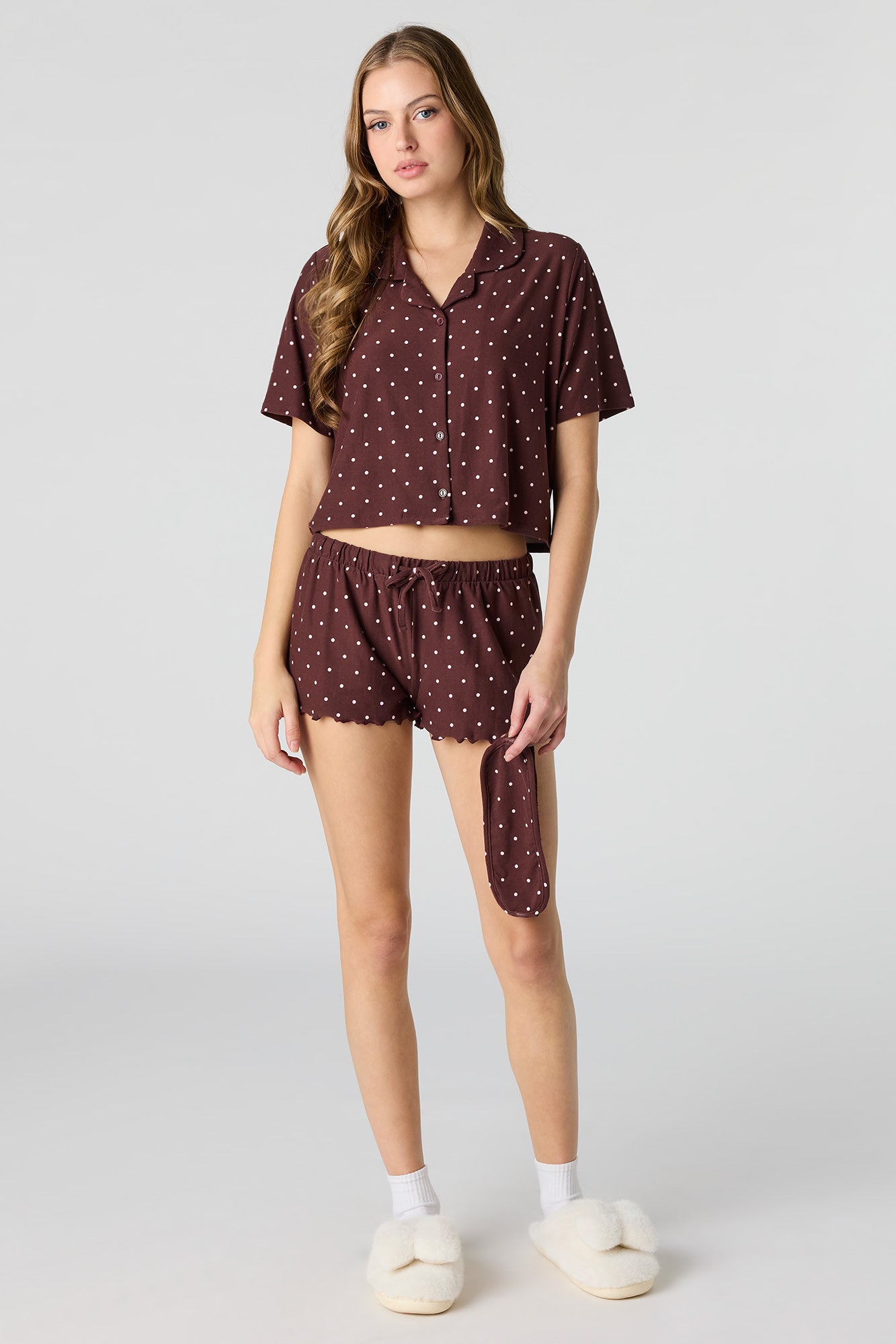 Button-Up Top & Short & Sleep Mask Pajama Set