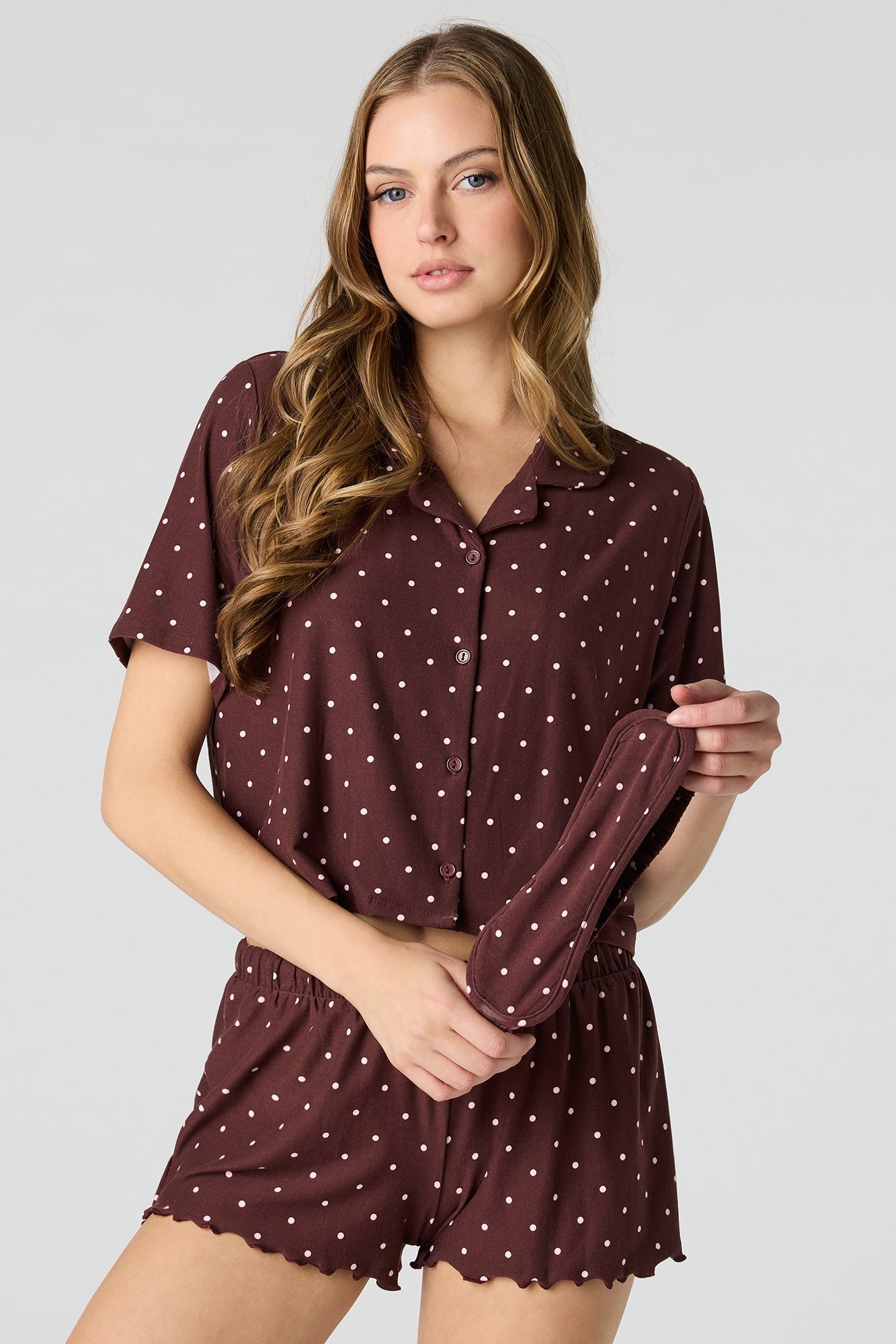 Button-Up Top & Short & Sleep Mask Pajama Set