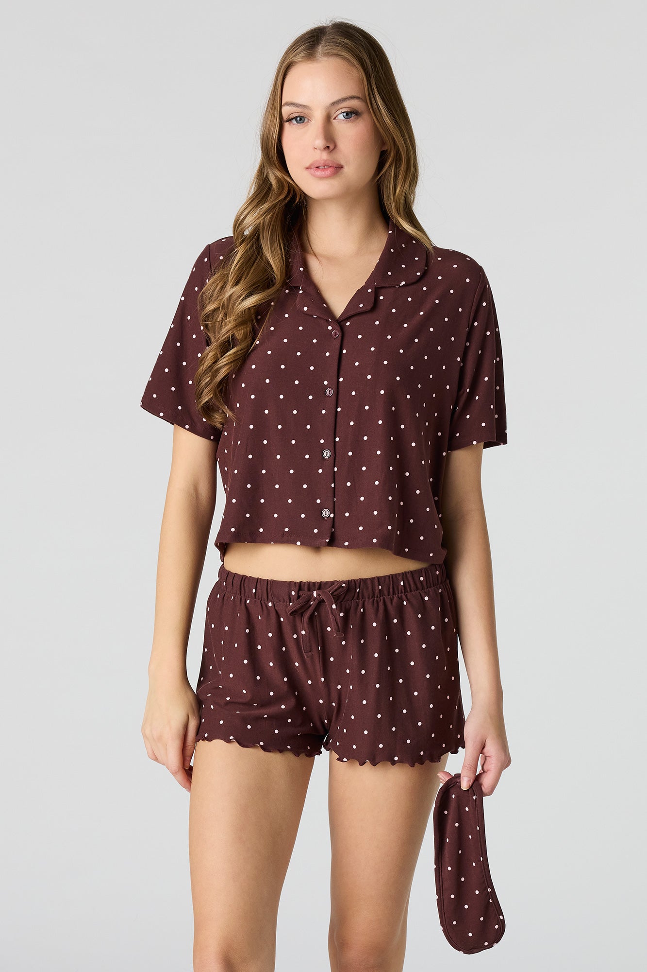 Button-Up Top & Short & Sleep Mask Pajama Set