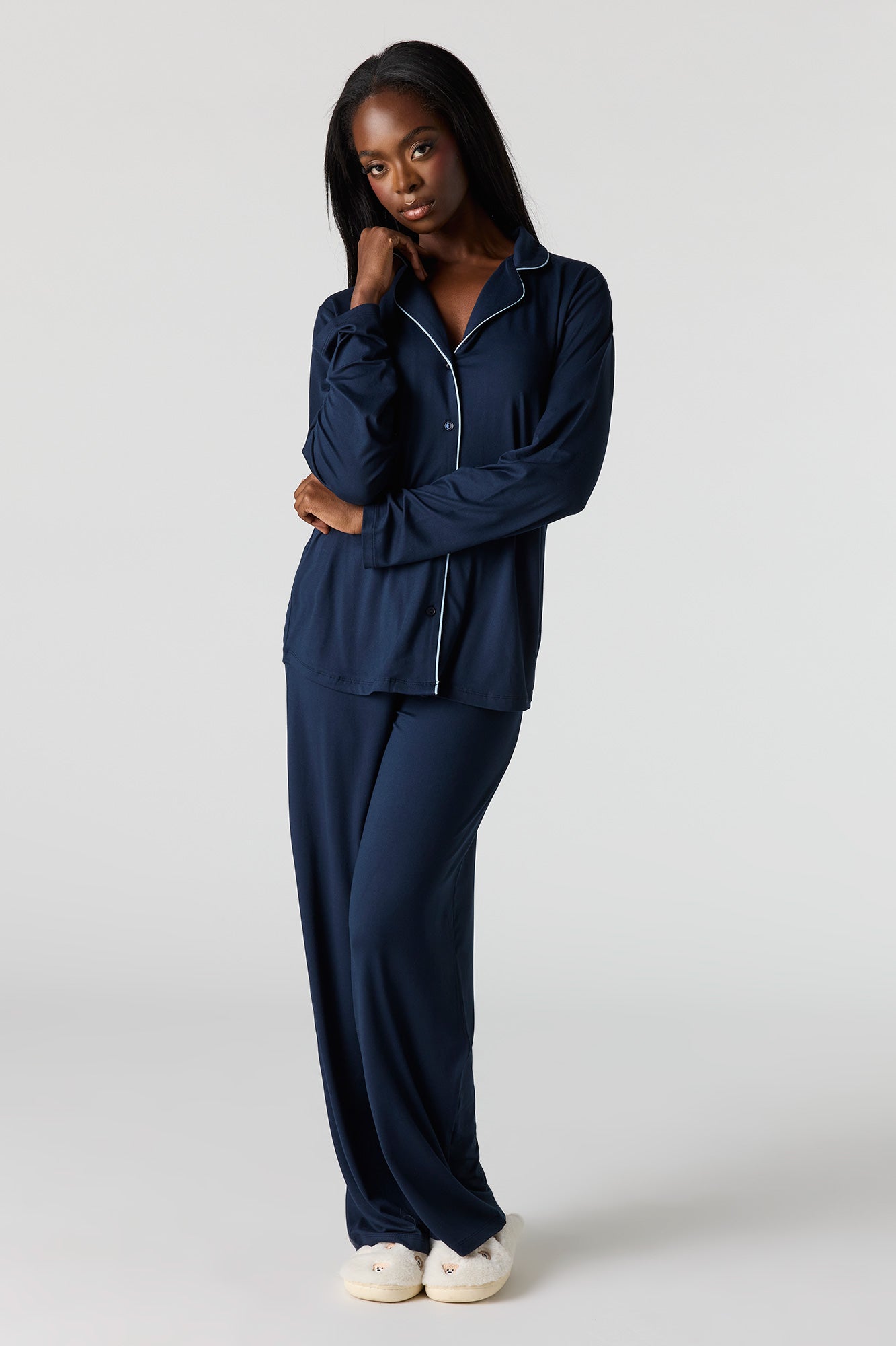 Button-Up Collared Top & Pant Pajama Set