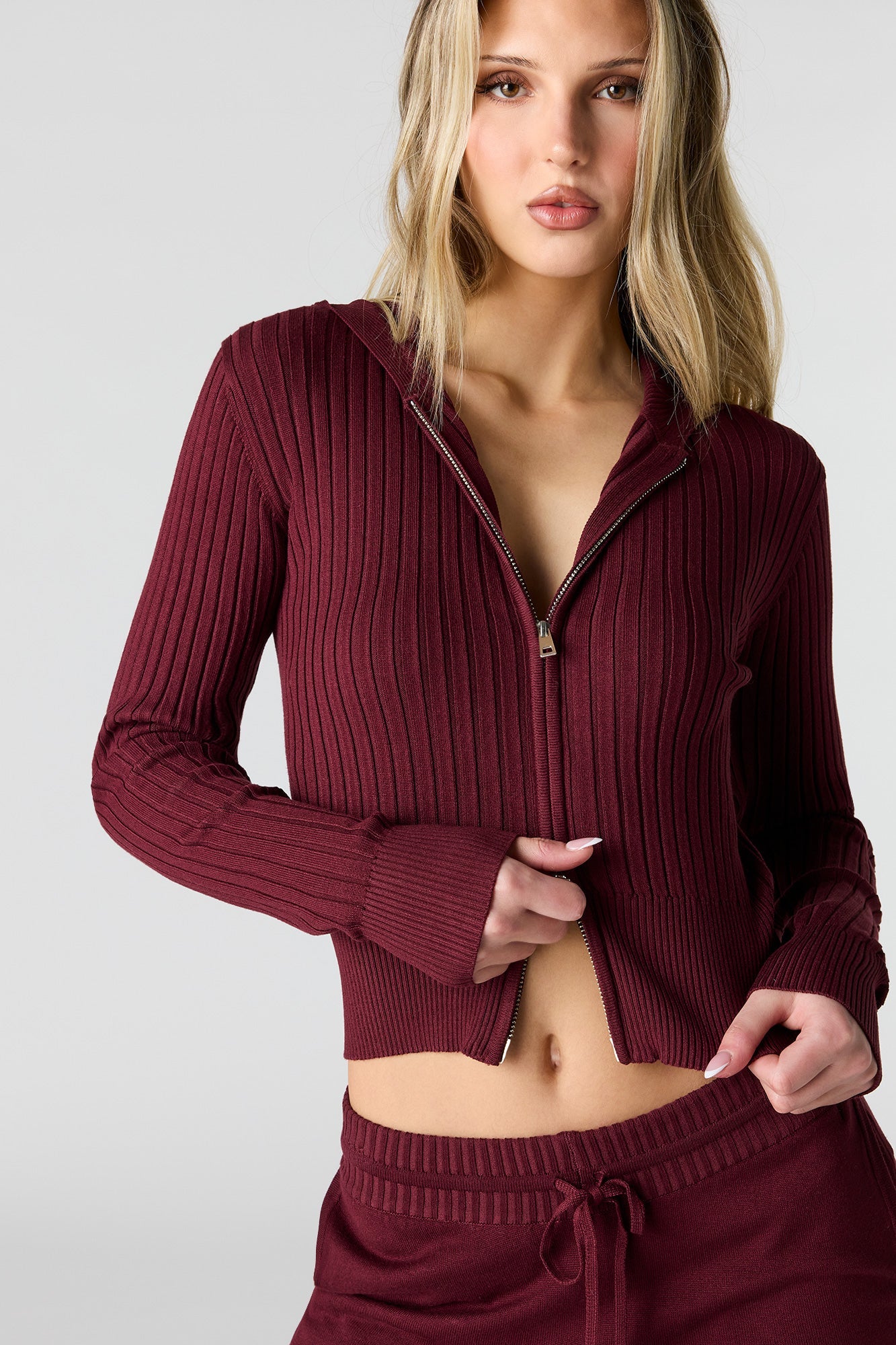Ribbed Knit Zip-Up Hoodie