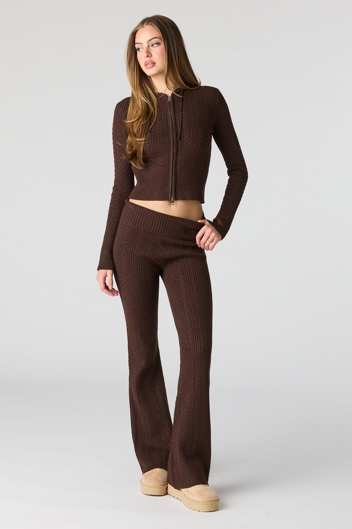 Cable Knit Foldover Waist Flare Pant