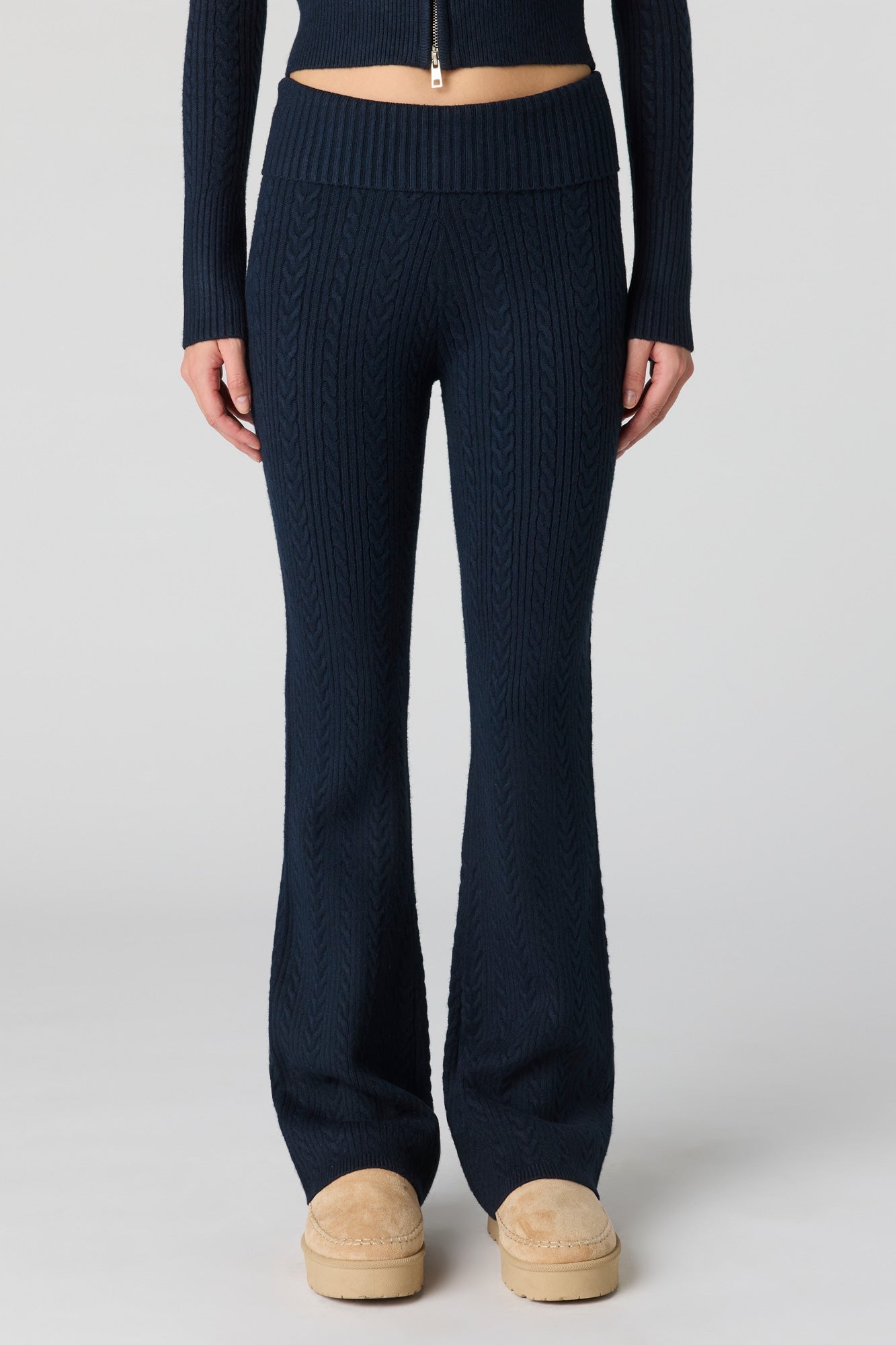 Cable Knit Foldover Waist Flare Pant