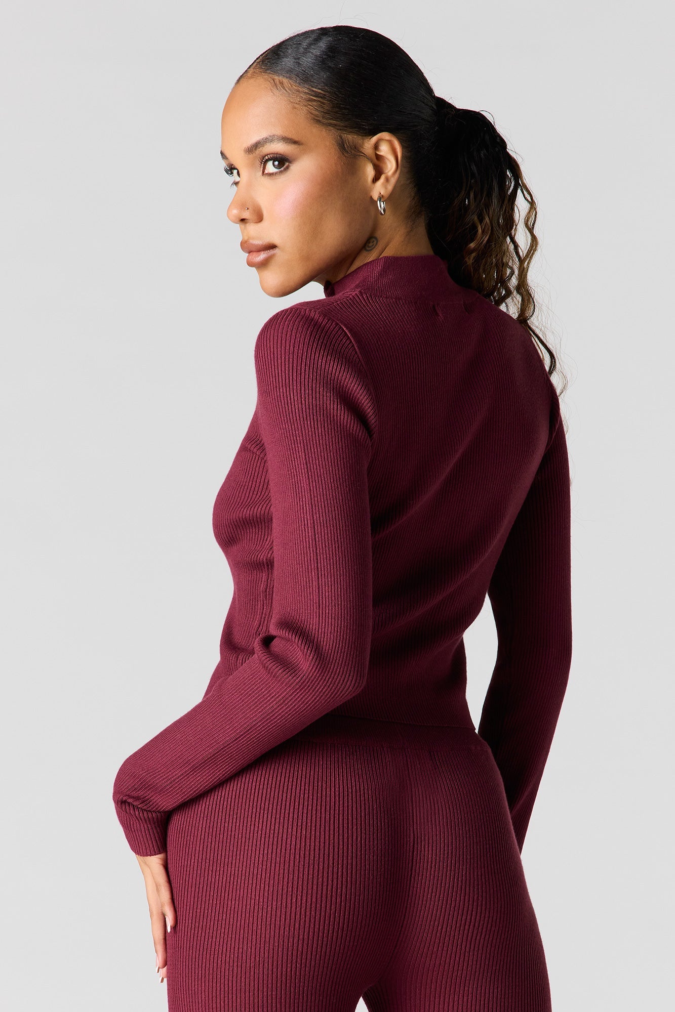 Ribbed 2-Way Zip-Up Long Sleeve Top