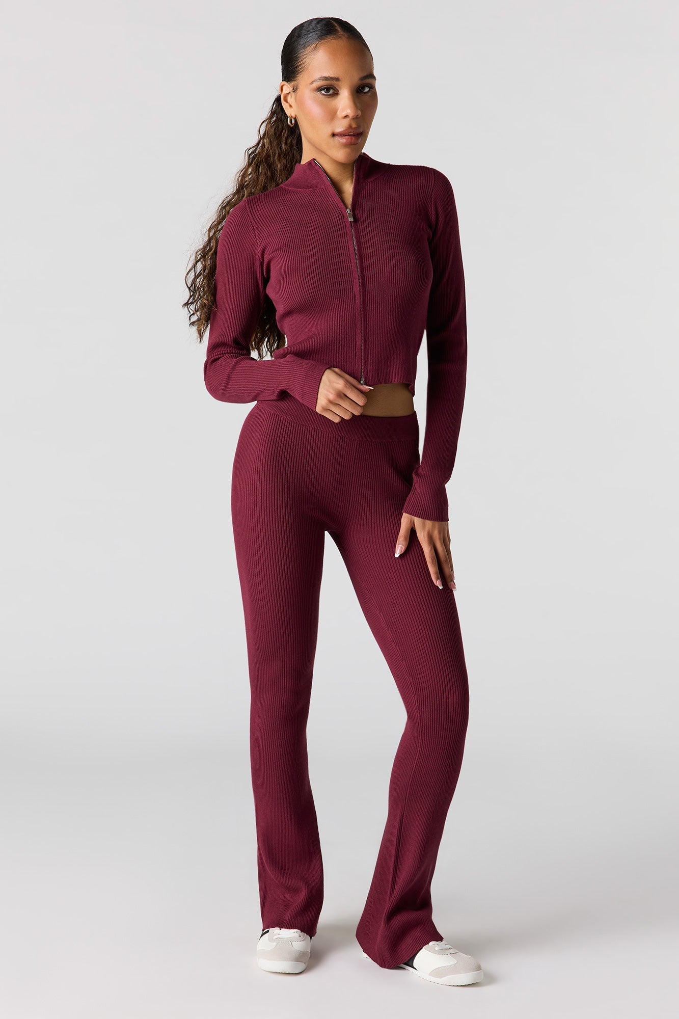 Ribbed 2-Way Zip-Up Long Sleeve Top