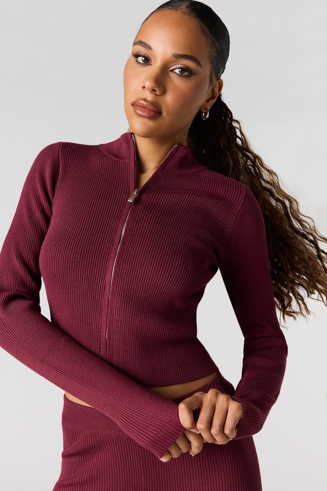 Ribbed 2-Way Zip-Up Long Sleeve Top